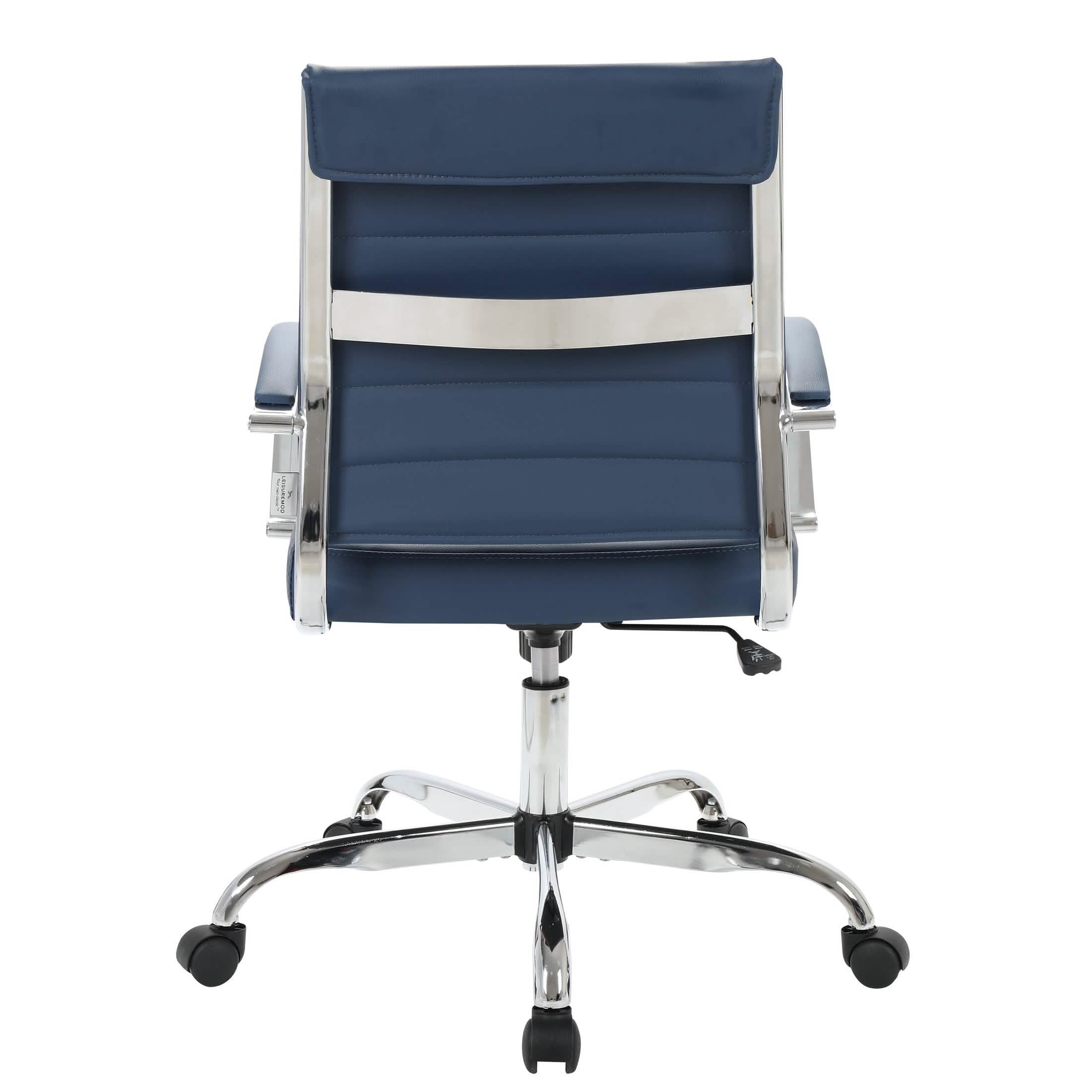 Benmar Mid-Back Leather Office Conference Chair Adjustable Height, Swivel, and Tilt Chrome Navy Blue Office Chair Leisuremod