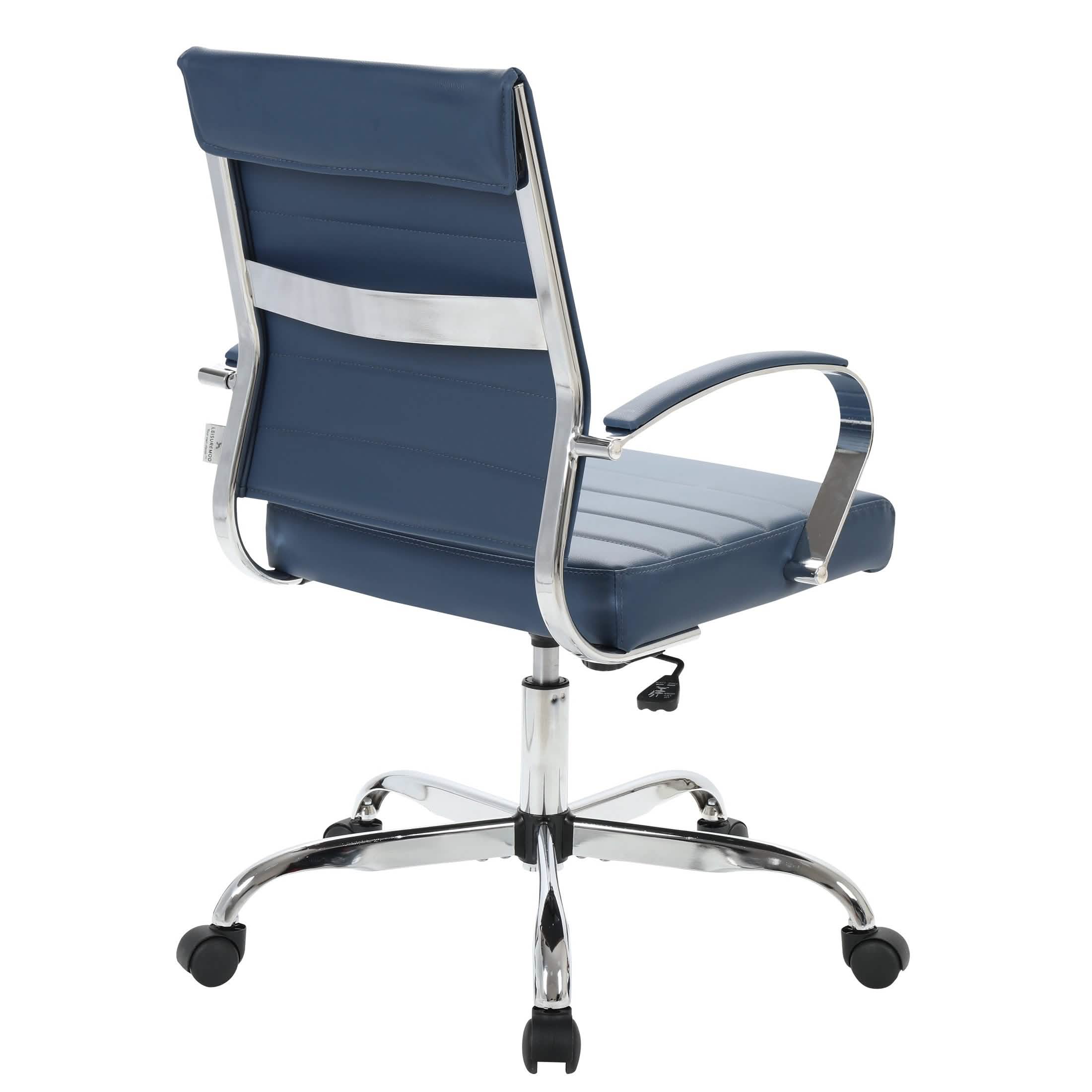 Benmar Mid-Back Leather Office Conference Chair Adjustable Height, Swivel, and Tilt Chrome Navy Blue Office Chair Leisuremod