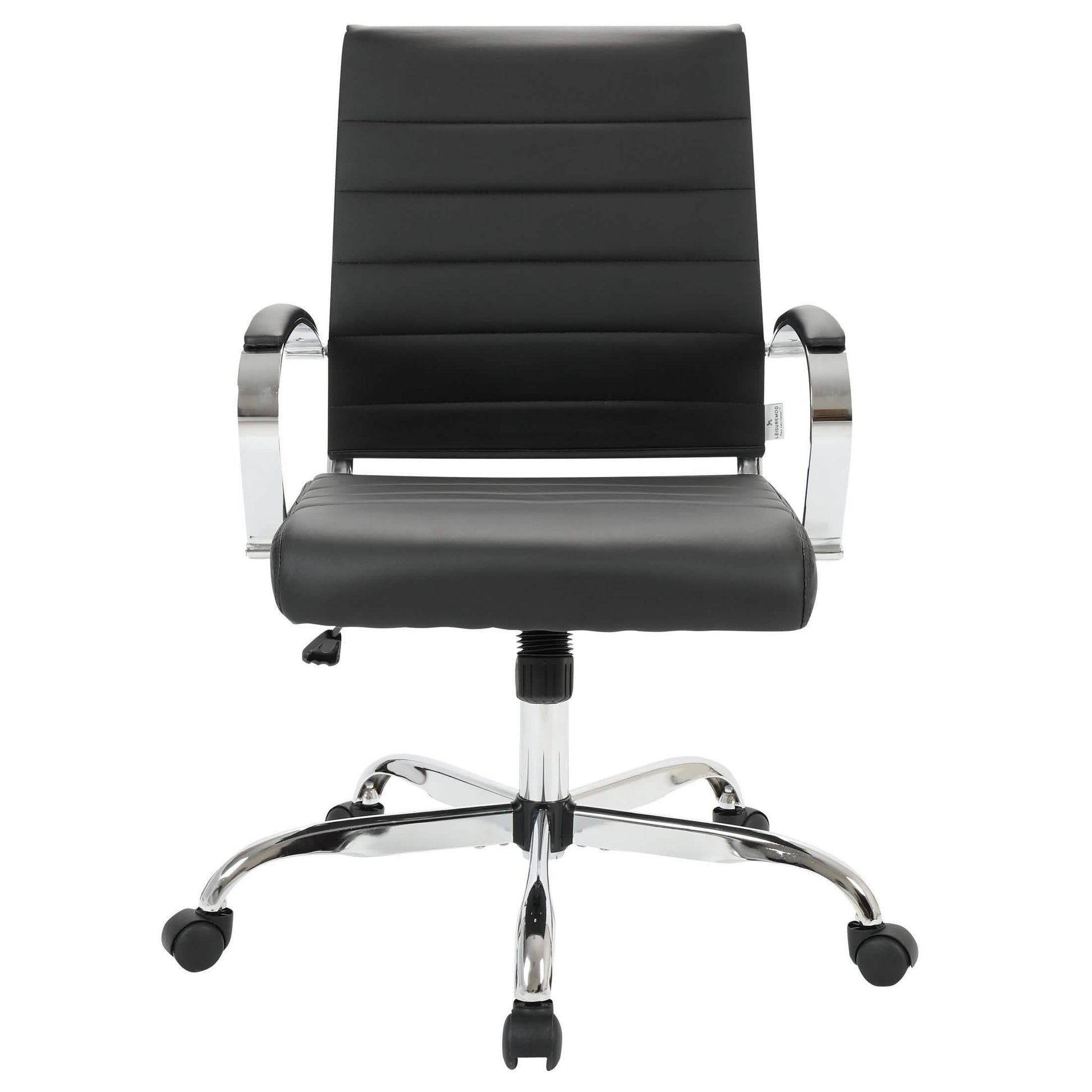 Benmar Mid-Back Leather Office Conference Chair Adjustable Height, Swivel, and Tilt Chrome Black Office Chair Leisuremod
