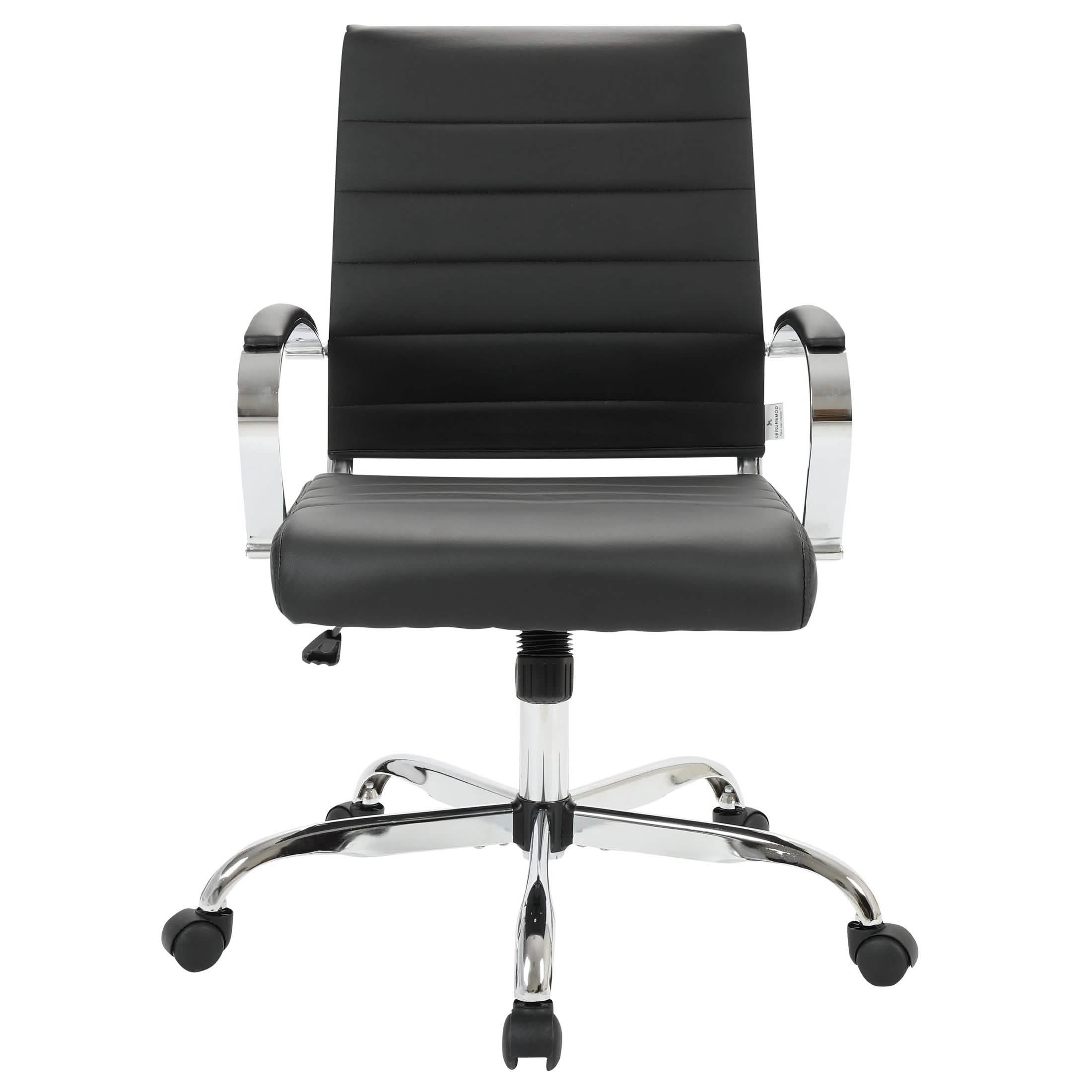 Benmar Mid-Back Leather Office Conference Chair Adjustable Height, Swivel, and Tilt Chrome Black Office Chair Leisuremod