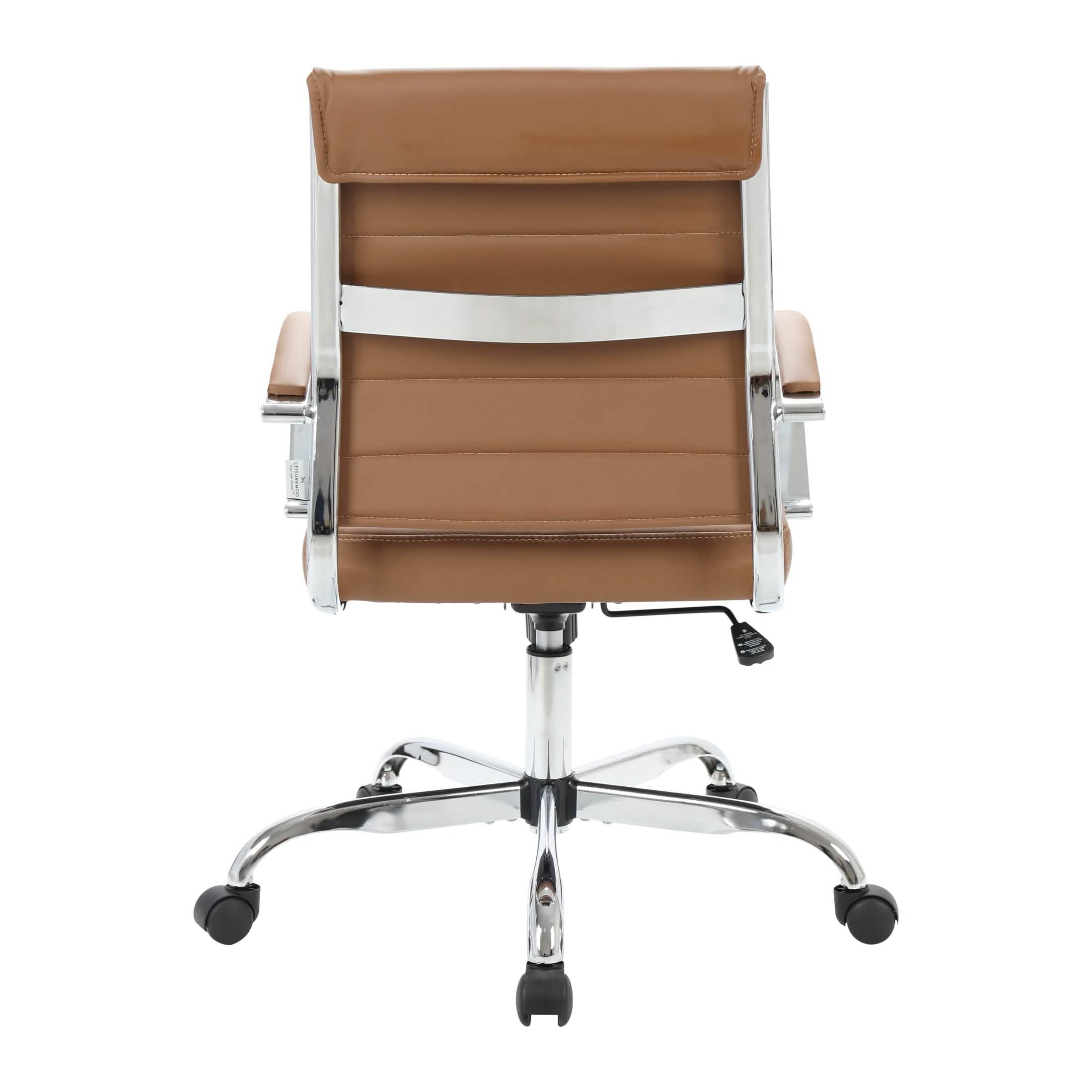 Benmar Mid-Back Leather Office Conference Chair Adjustable Height, Swivel, and Tilt Chrome Brown Office Chair Leisuremod