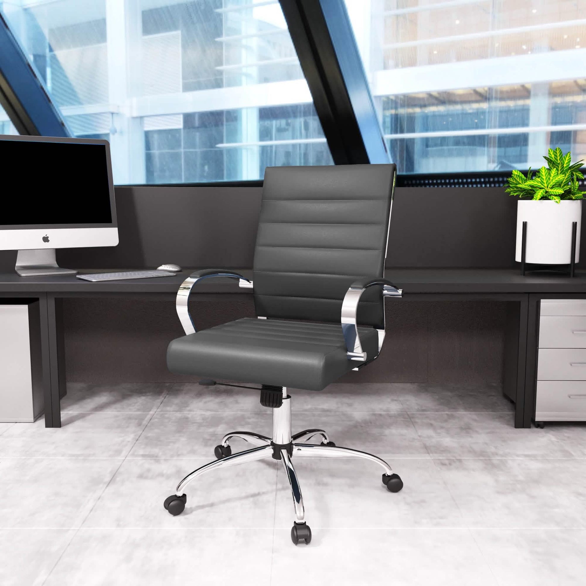 Benmar Mid-Back Leather Office Conference Chair Adjustable Height, Swivel, and Tilt Chrome Grey Office Chair Leisuremod