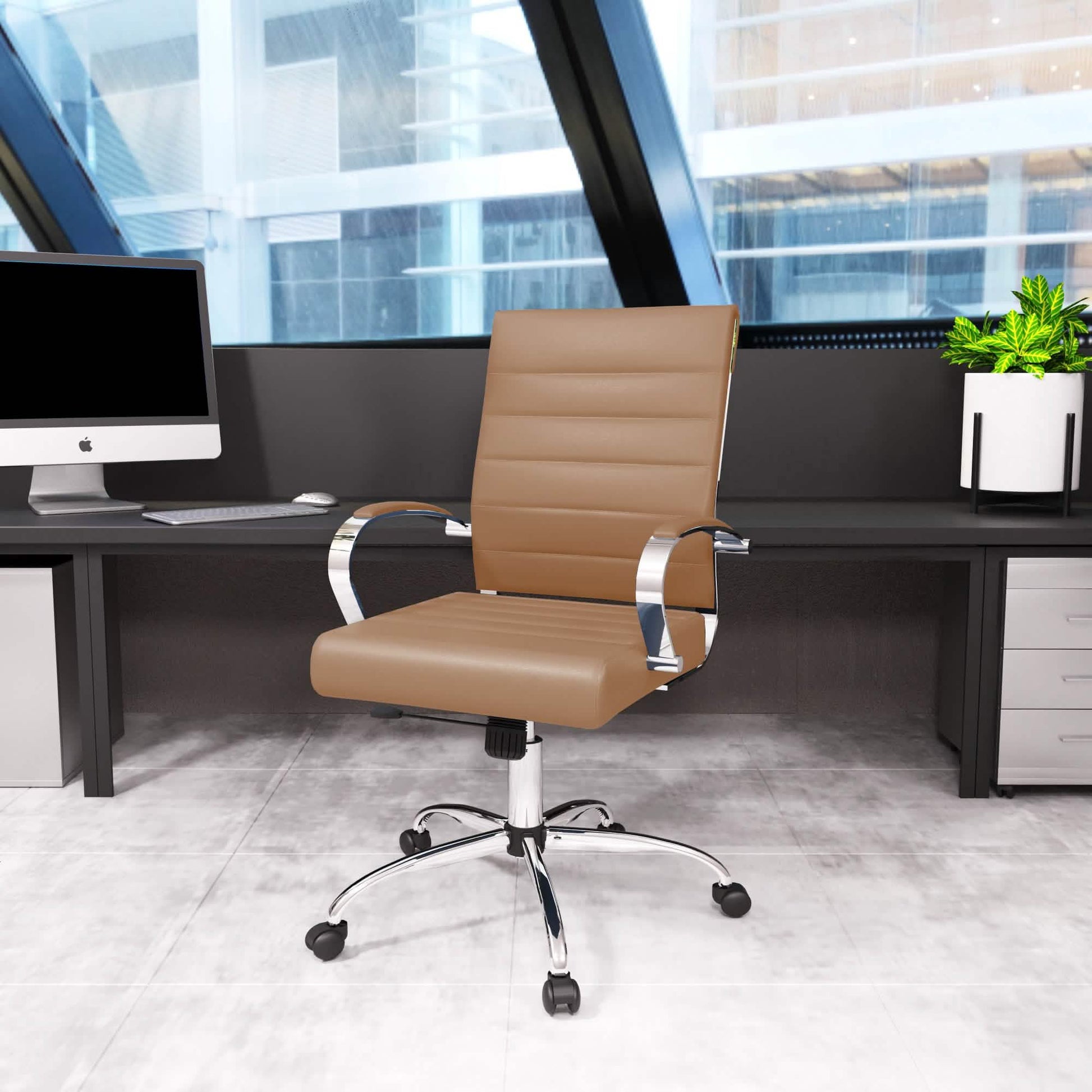 Benmar Mid-Back Leather Office Conference Chair Adjustable Height, Swivel, and Tilt Chrome Brown Office Chair Leisuremod