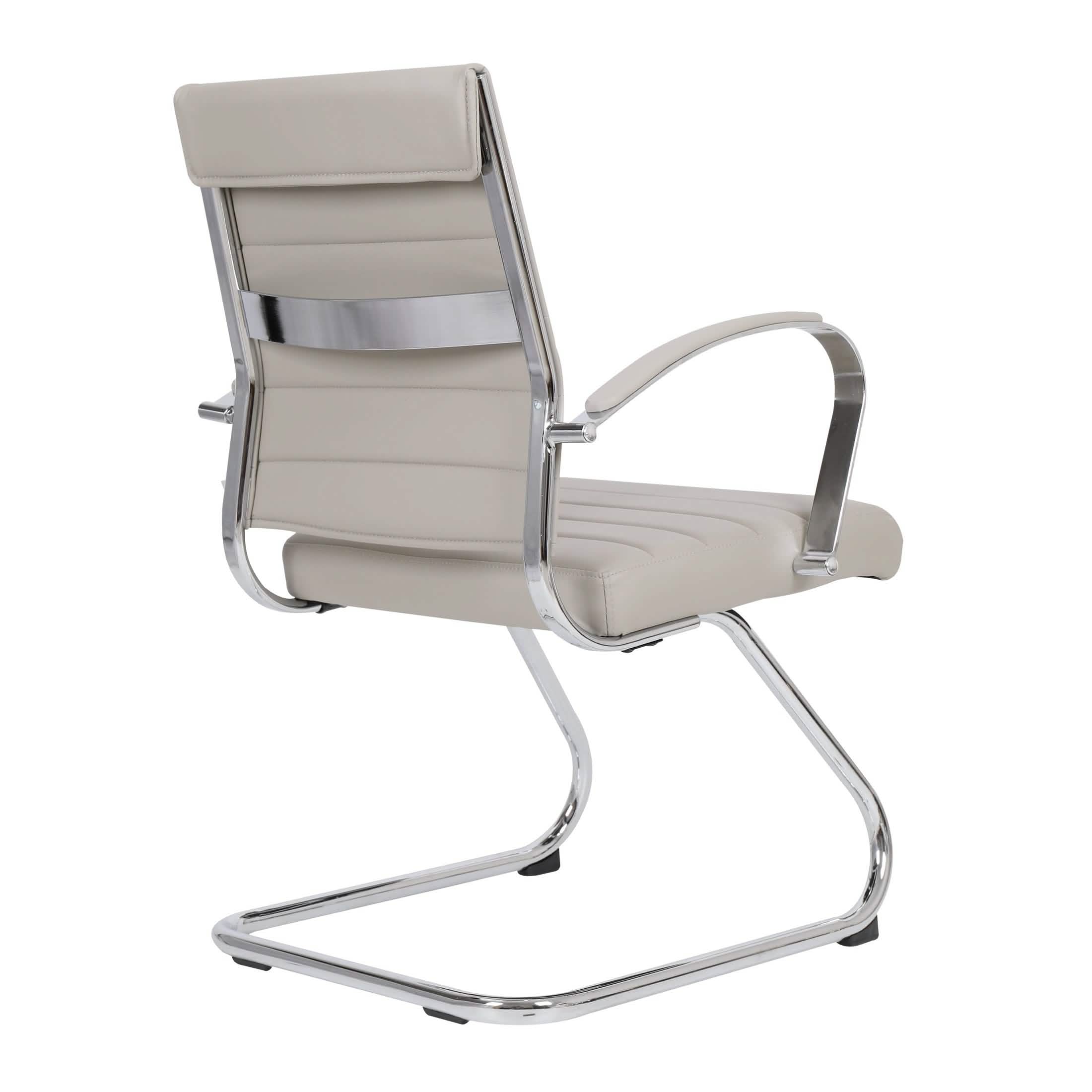 Benmar Mid-Back Office Conference Chair Upholstered in Leather with Stainless Steel Sled Base Tan Office Chair Leisuremod