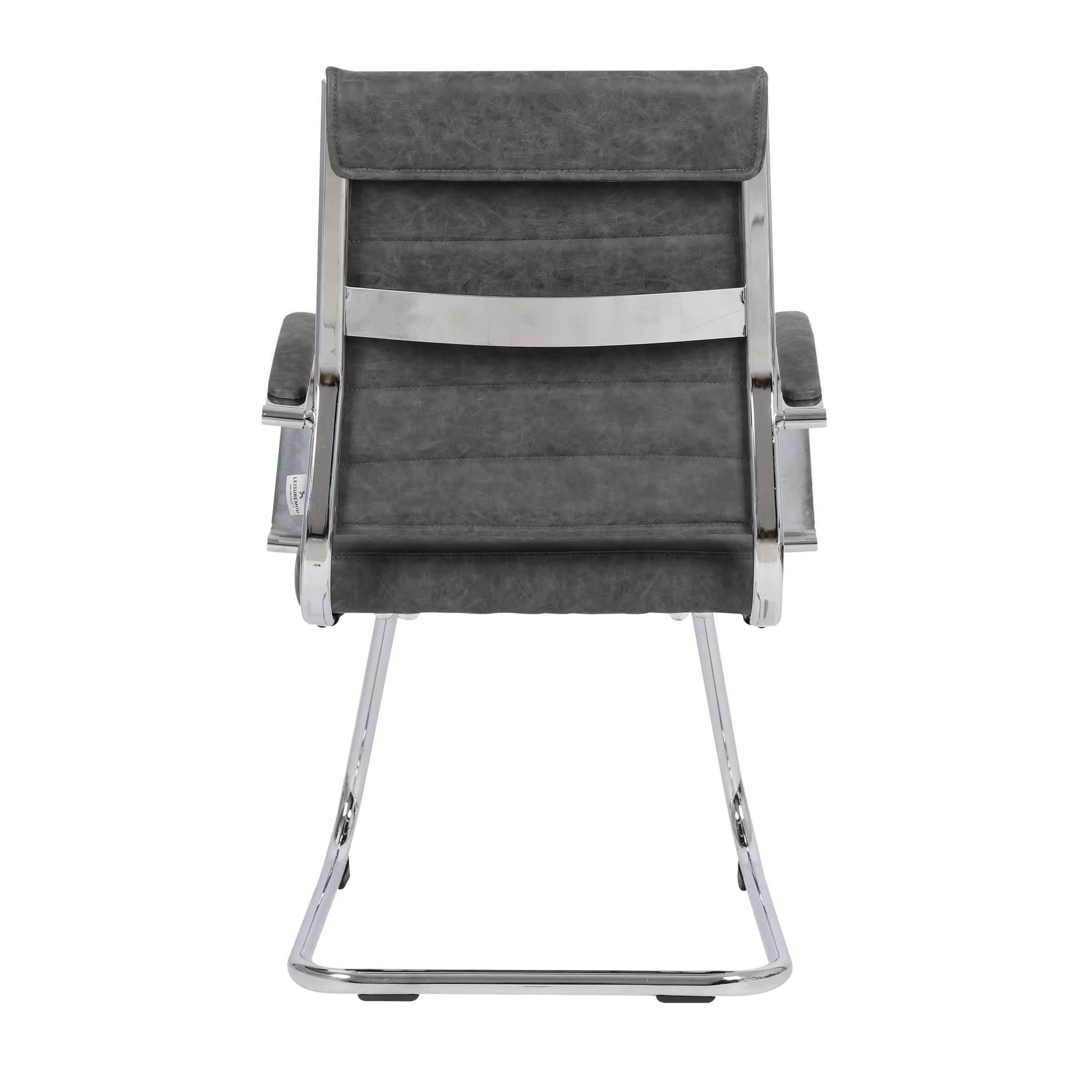 Benmar Mid-Back Office Conference Chair Upholstered in Leather with Stainless Steel Sled Base Charcoal Office Chair Leisuremod
