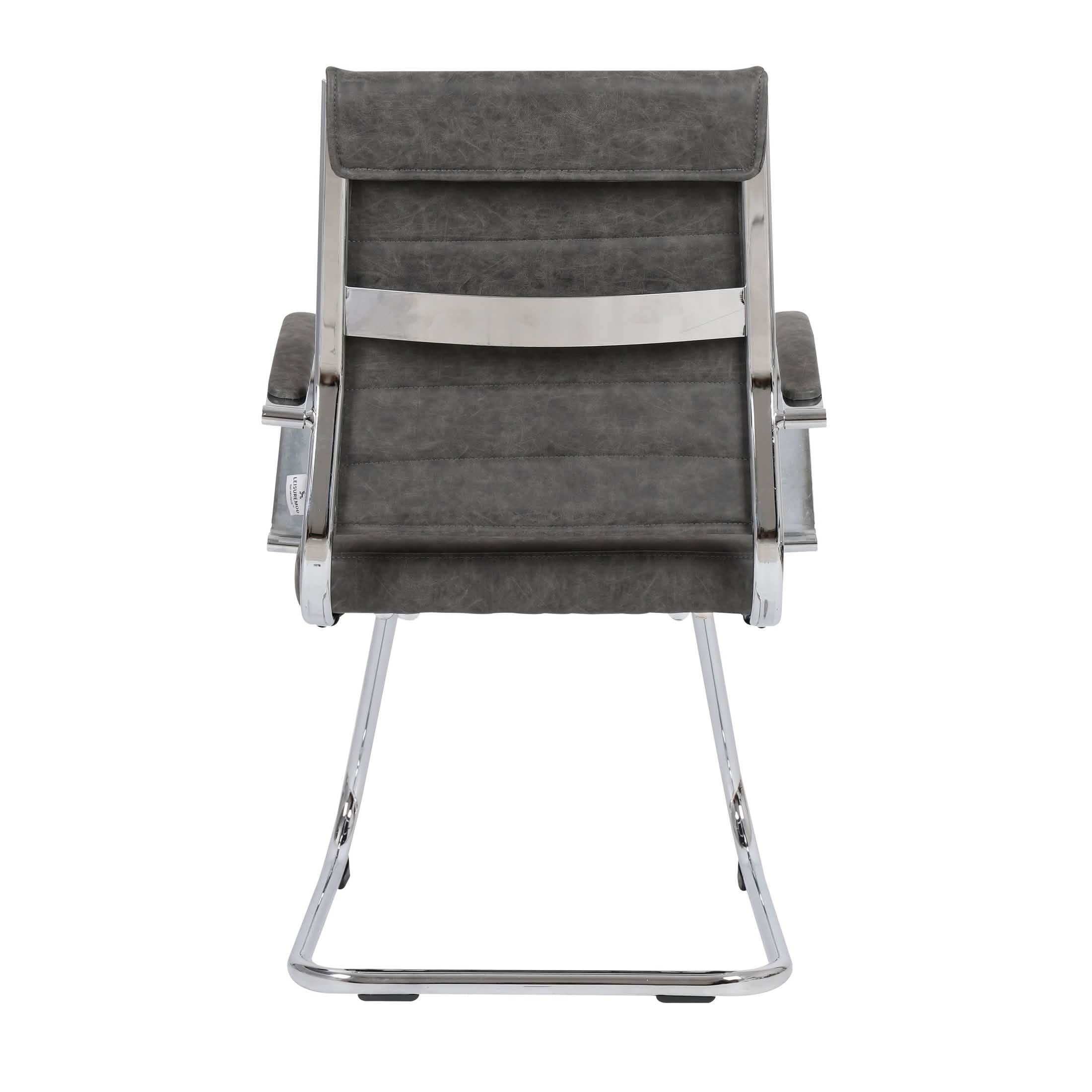 Benmar Mid-Back Office Conference Chair Upholstered in Leather with Stainless Steel Sled Base Charcoal Office Chair Leisuremod