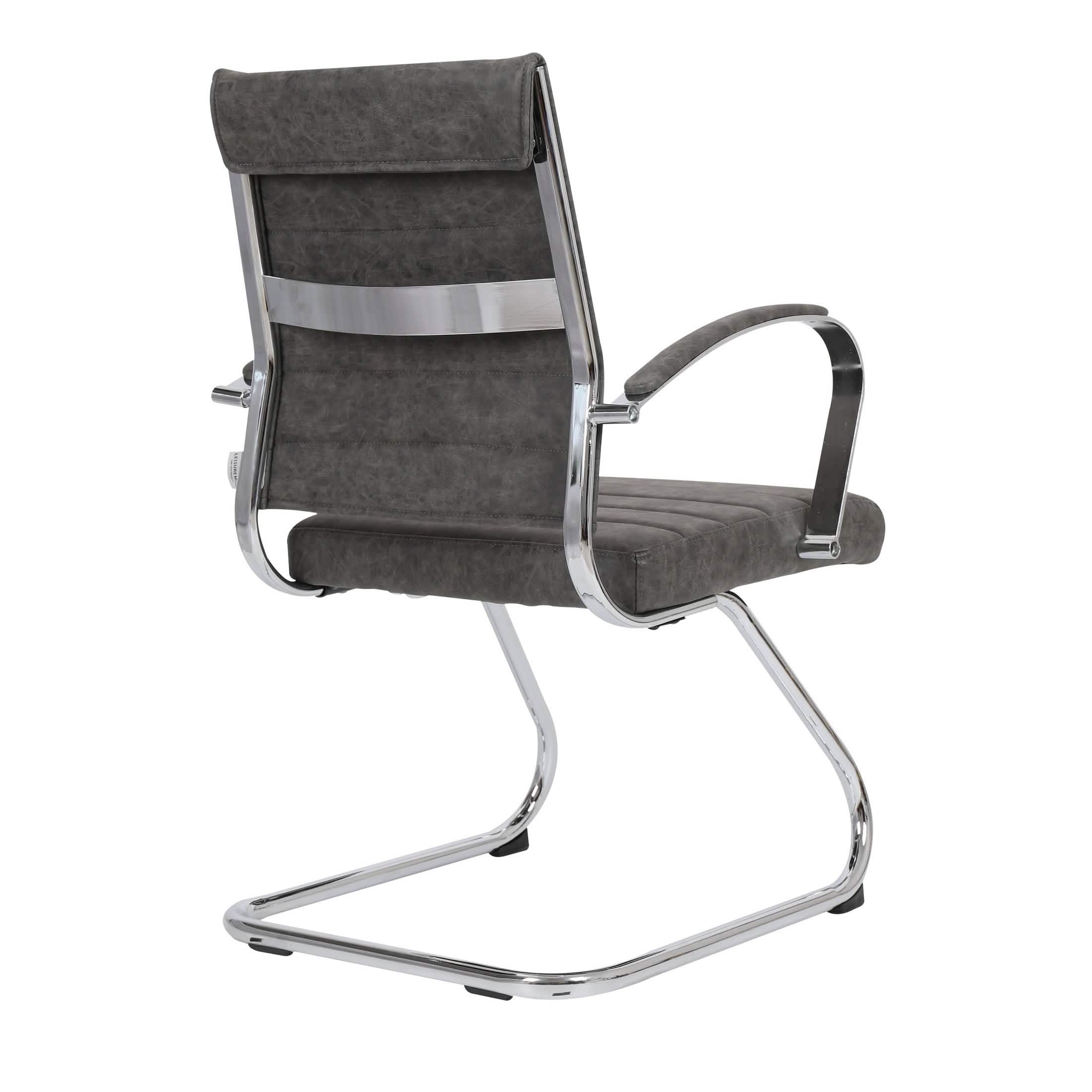 Benmar Mid-Back Office Conference Chair Upholstered in Leather with Stainless Steel Sled Base Charcoal Office Chair Leisuremod