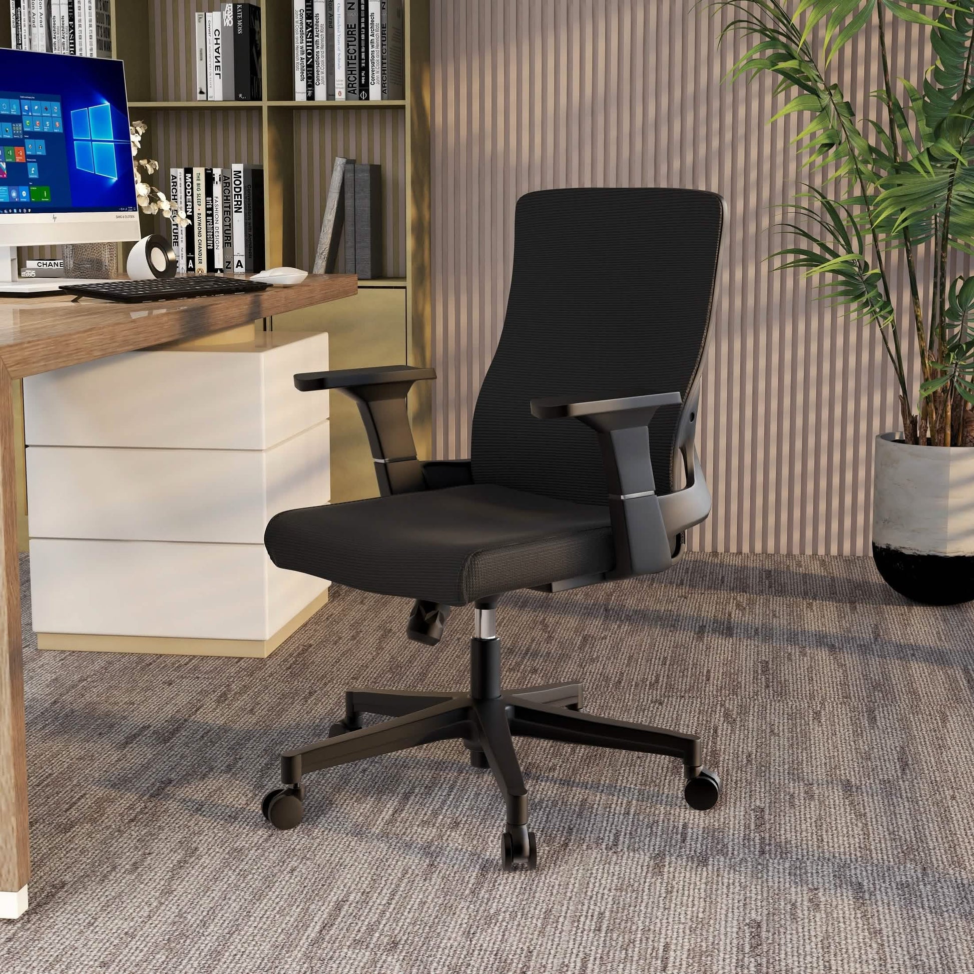 Brio Mid-Back Adjustable Office Chair Upholstered in Cotton Black Office Chair Leisuremod
