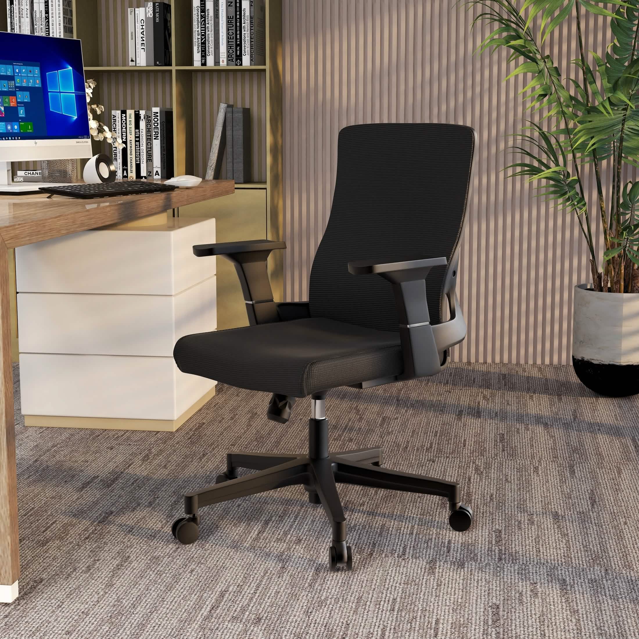 Brio Mid-Back Adjustable Office Chair Upholstered in Cotton Black Office Chair Leisuremod