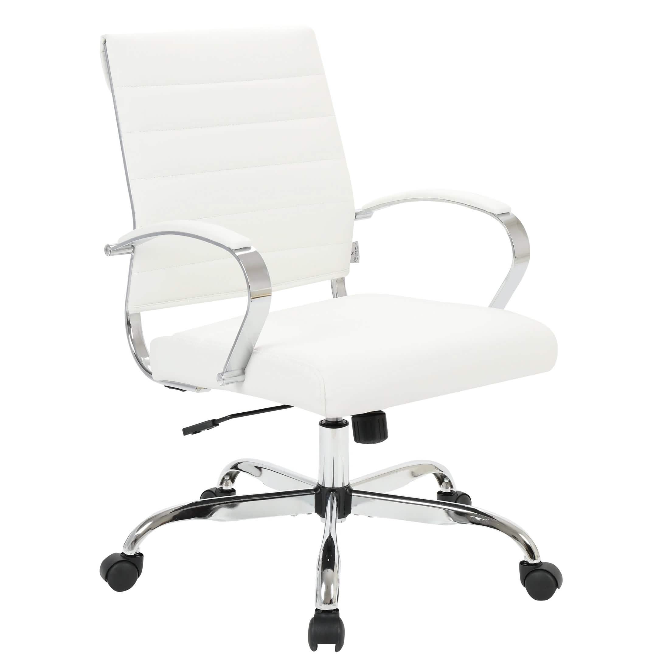 Benmar Mid-Back Leather Office Conference Chair Adjustable Height, Swivel, and Tilt Chrome White Office Chair Leisuremod
