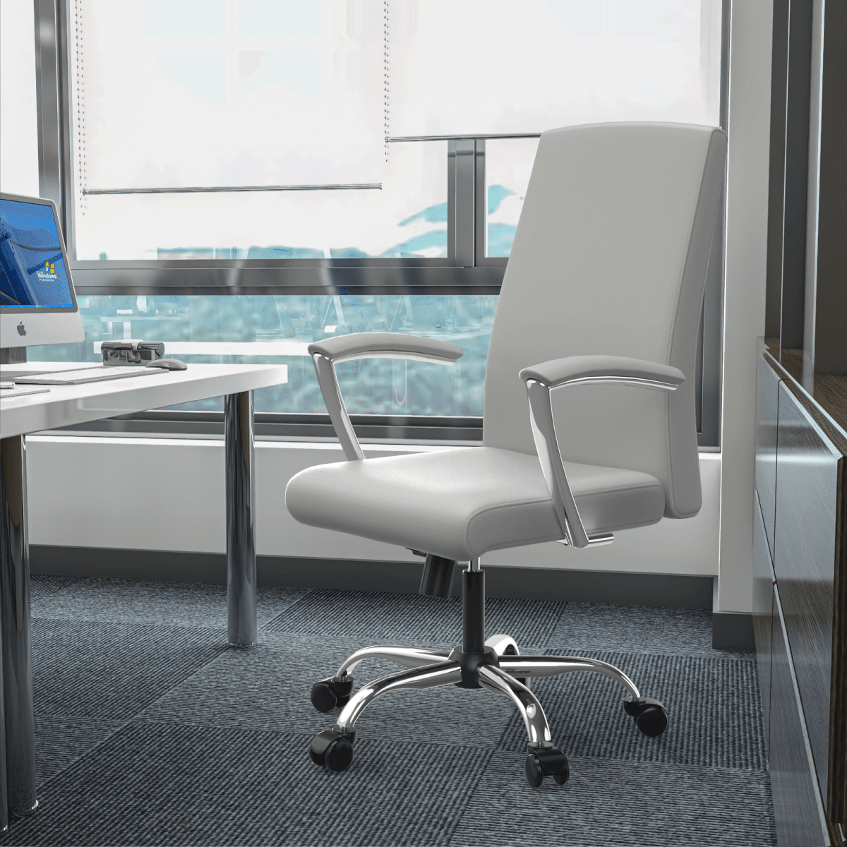Leisuremod Office Chair Evander Modern Swivel Office Chair in Faux Leather with Adjustable Height and Silver Frame