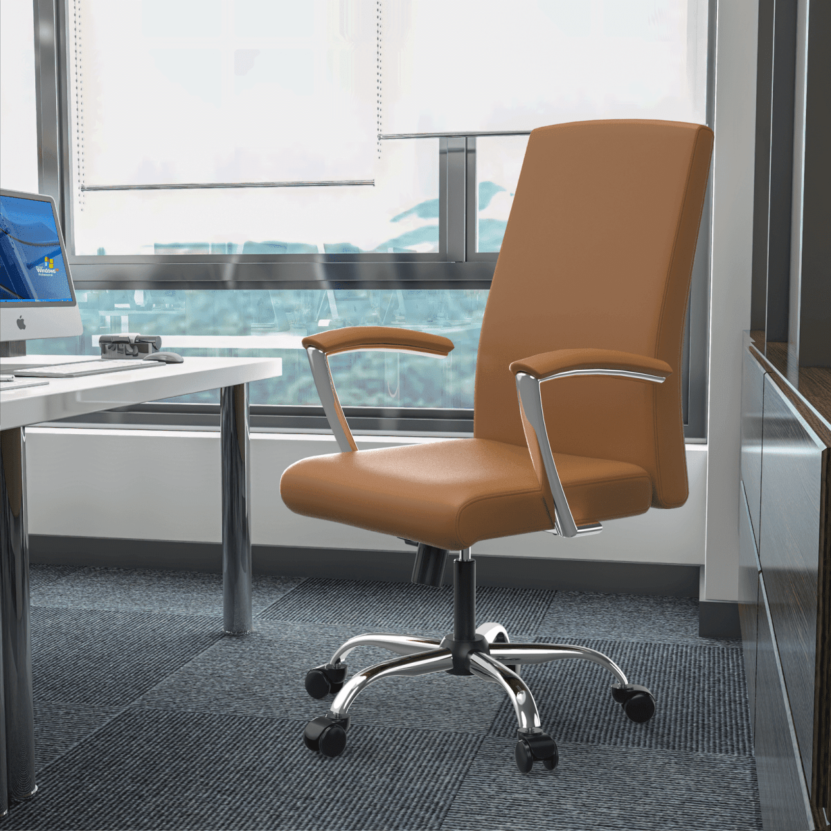 Leisuremod Office Chair Evander Modern Swivel Office Chair in Faux Leather with Adjustable Height and Silver Frame