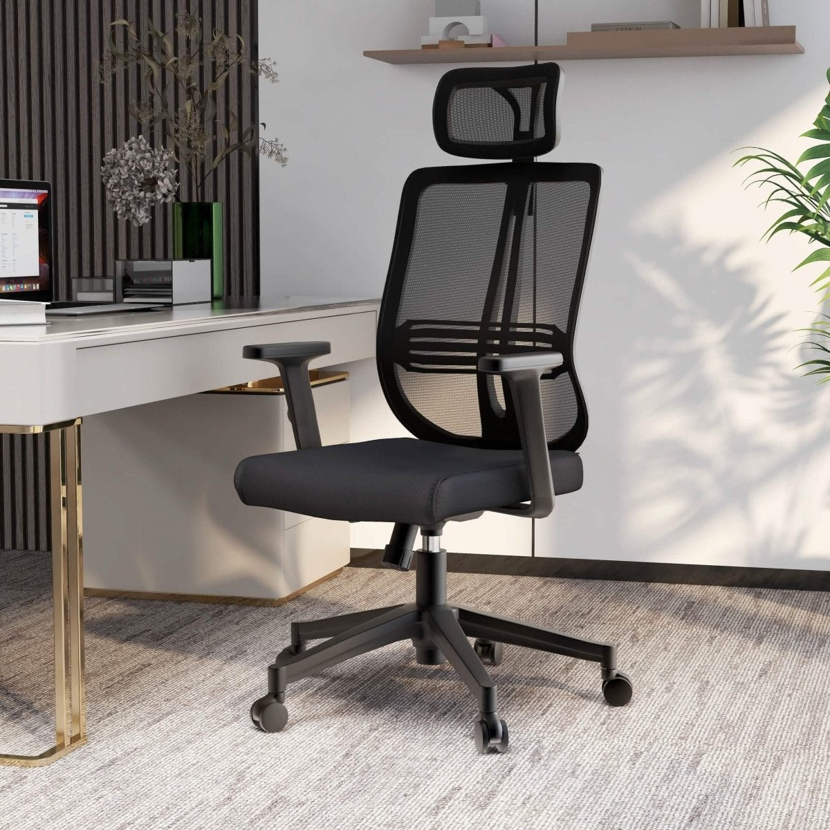 Nift Adjustable Upholstered Office Chair with Foam Filled Seat and Mesh Back and Headrest Black Office Chair Leisuremod