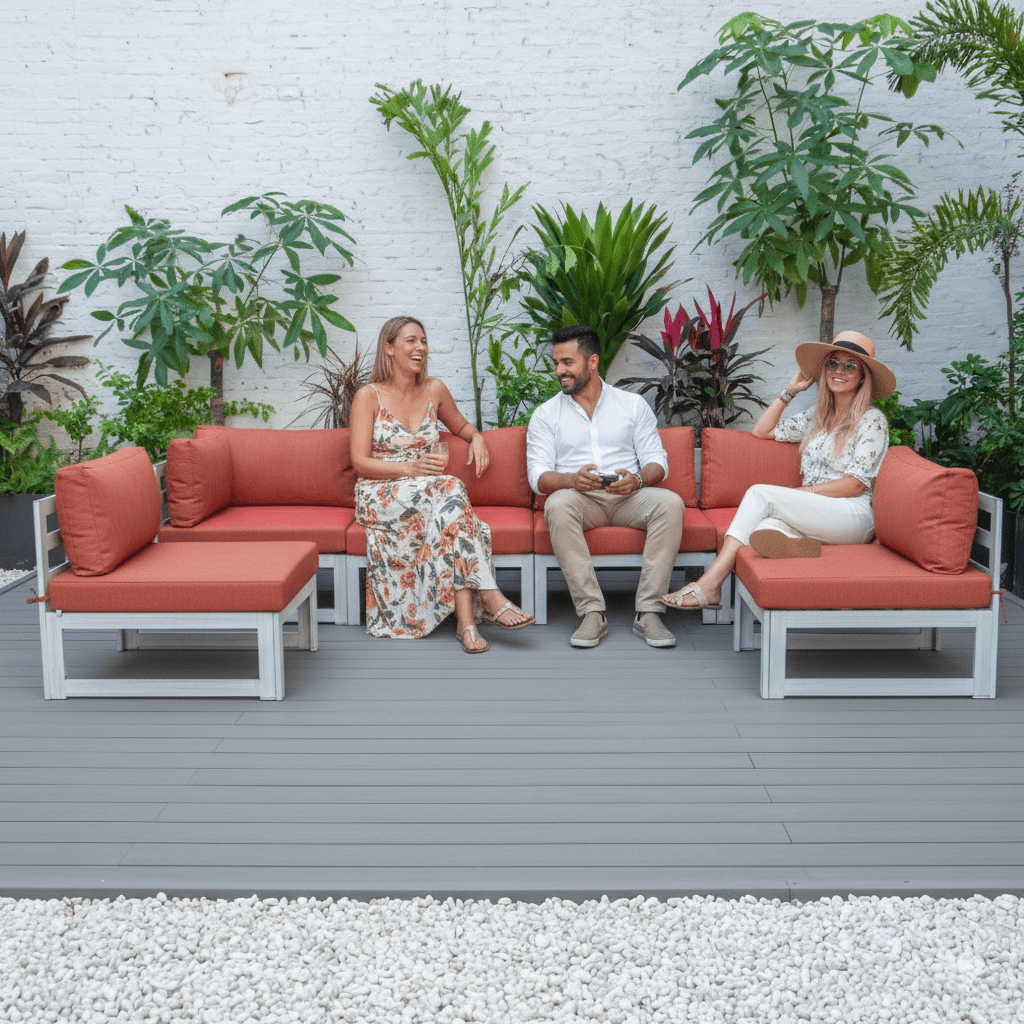 Leisuremod Orange Chelsea 6-Piece Patio Sectional In Weathered Grey Aluminum With Cushions