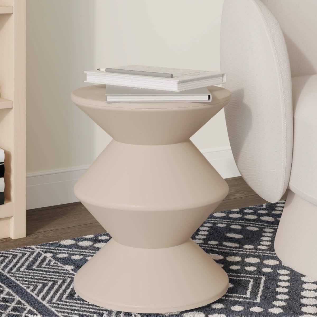 Aura Round Side Table in ABS Plastic With Contemporary Double-Hourglass Design Ivory Side Table Leisuremod