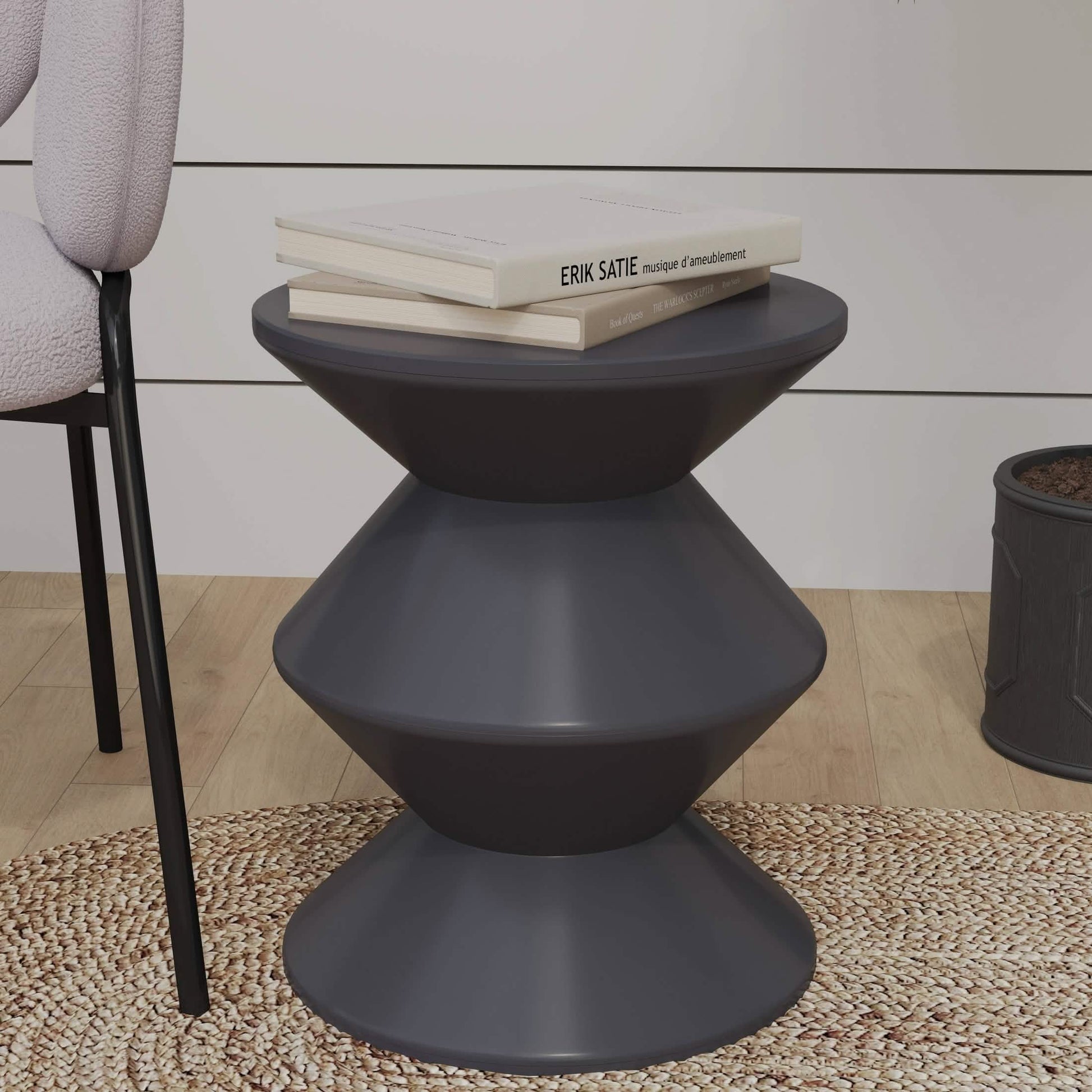 Aura Round Side Table in ABS Plastic With Contemporary Double-Hourglass Design Grey Side Table Leisuremod