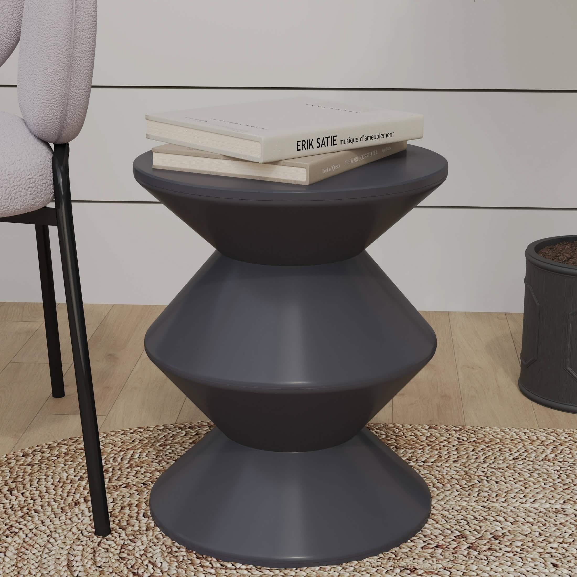 Aura Round Side Table in ABS Plastic With Contemporary Double-Hourglass Design Grey Side Table Leisuremod