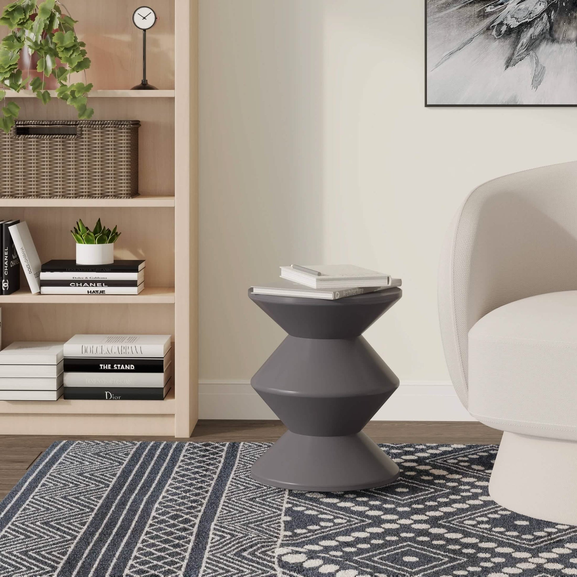 Aura Round Side Table in ABS Plastic With Contemporary Double-Hourglass Design Grey Side Table Leisuremod