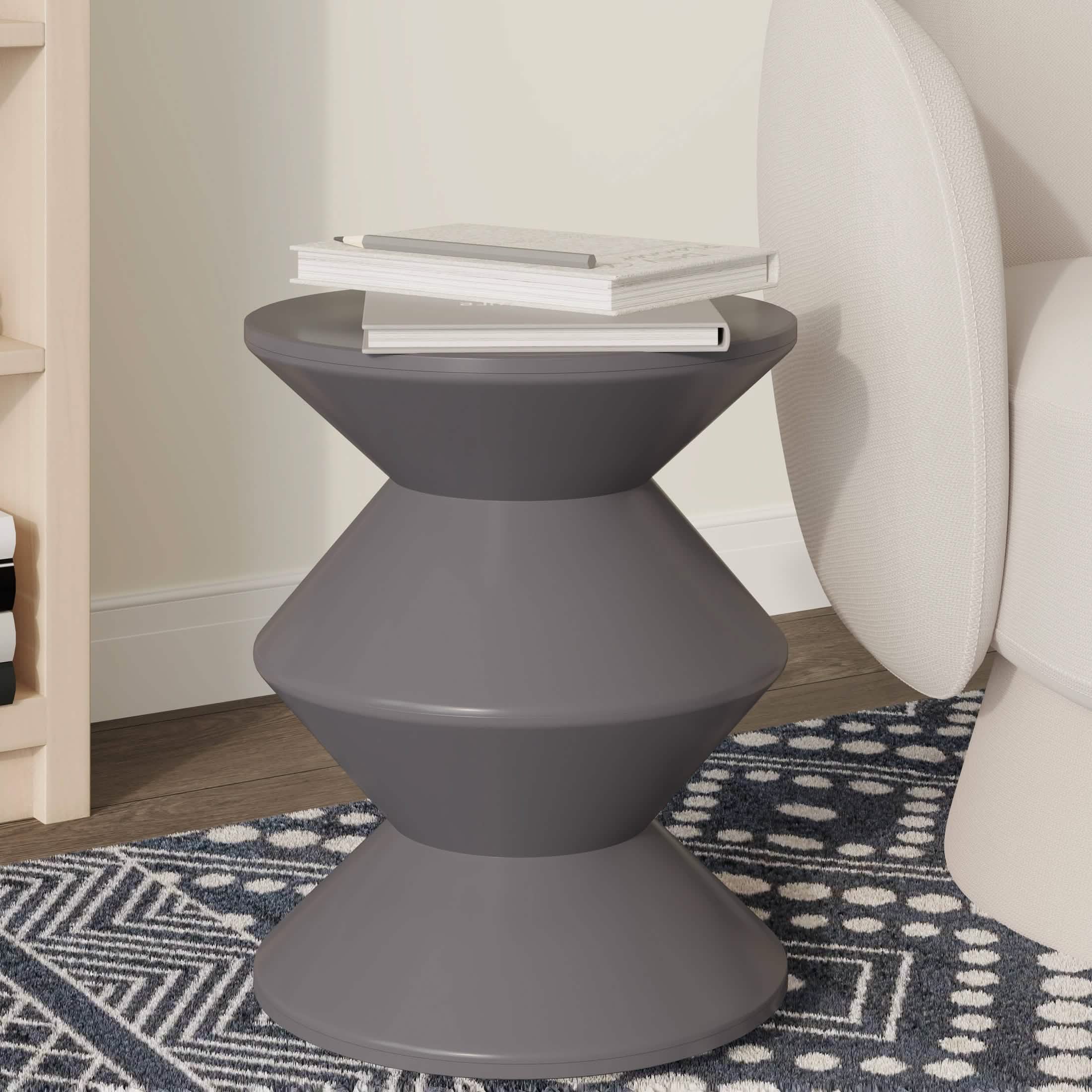 Aura Round Side Table in ABS Plastic With Contemporary Double-Hourglass Design Grey Side Table Leisuremod