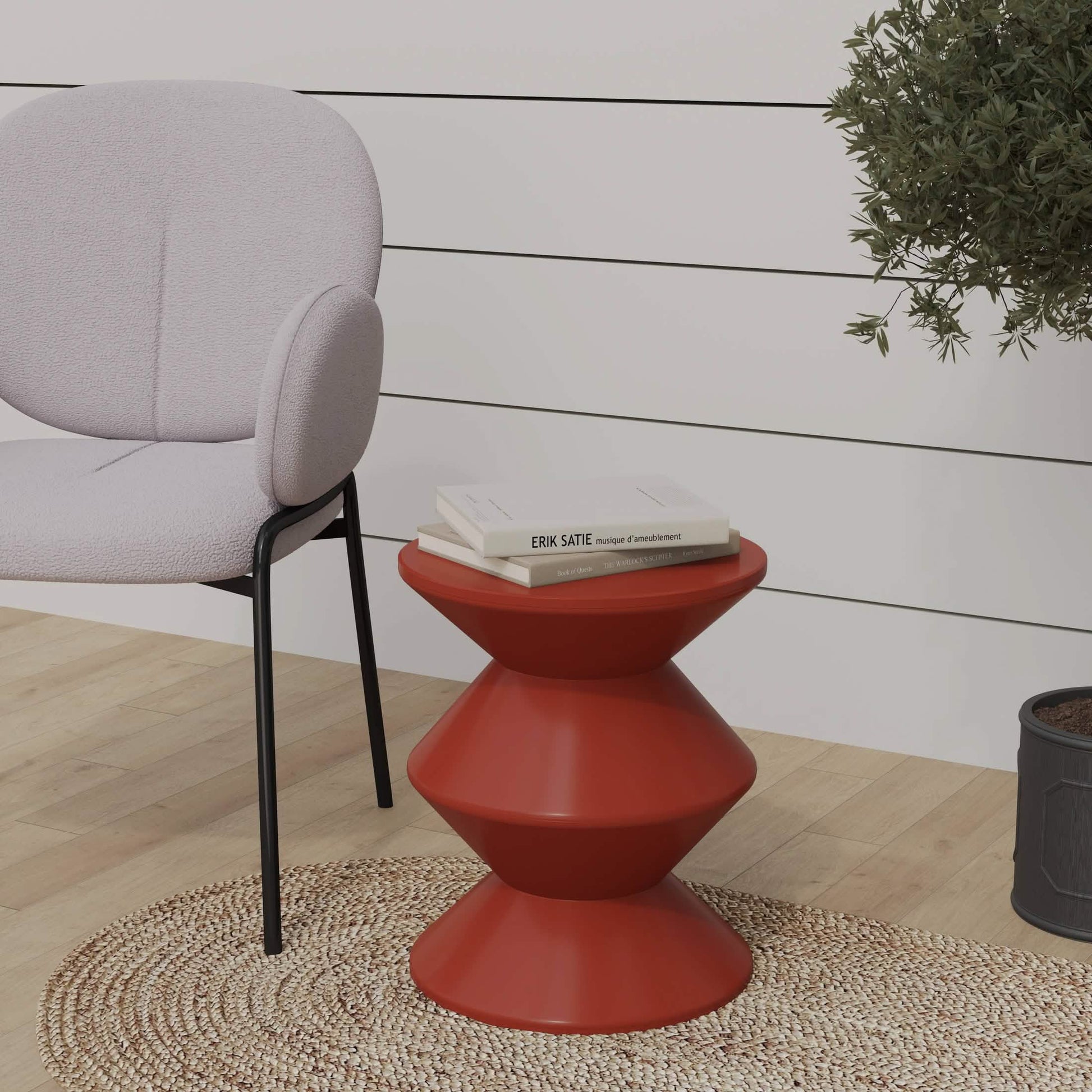 Aura Round Side Table in ABS Plastic With Contemporary Double-Hourglass Design Brown Side Table Leisuremod