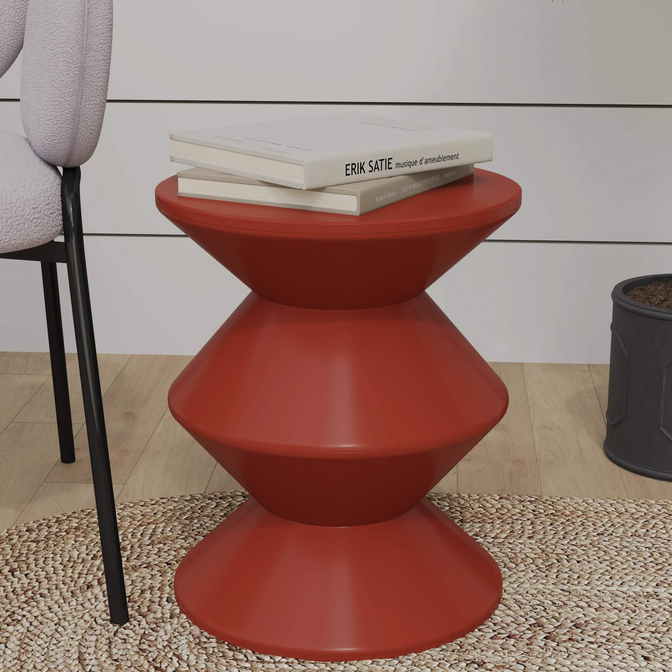 Aura Round Side Table in ABS Plastic With Contemporary Double-Hourglass Design Brown Side Table Leisuremod