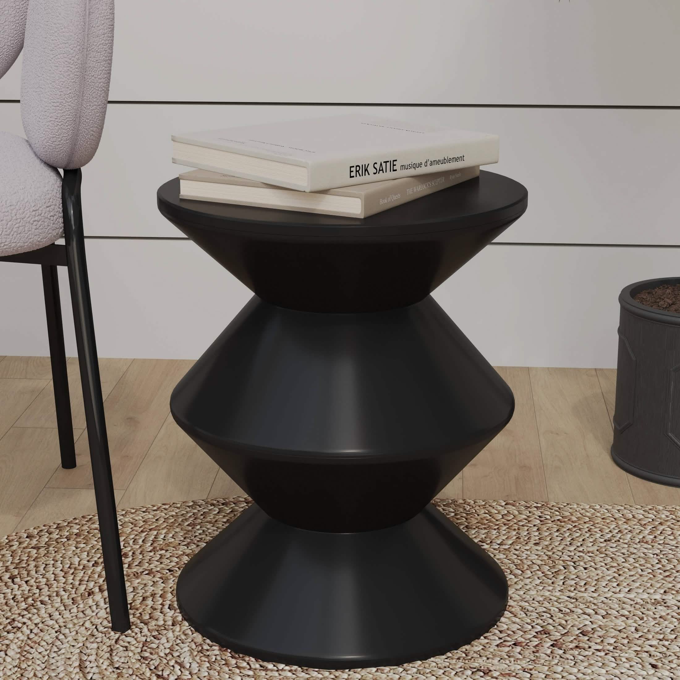 Aura Round Side Table in ABS Plastic With Contemporary Double-Hourglass Design Black Side Table Leisuremod