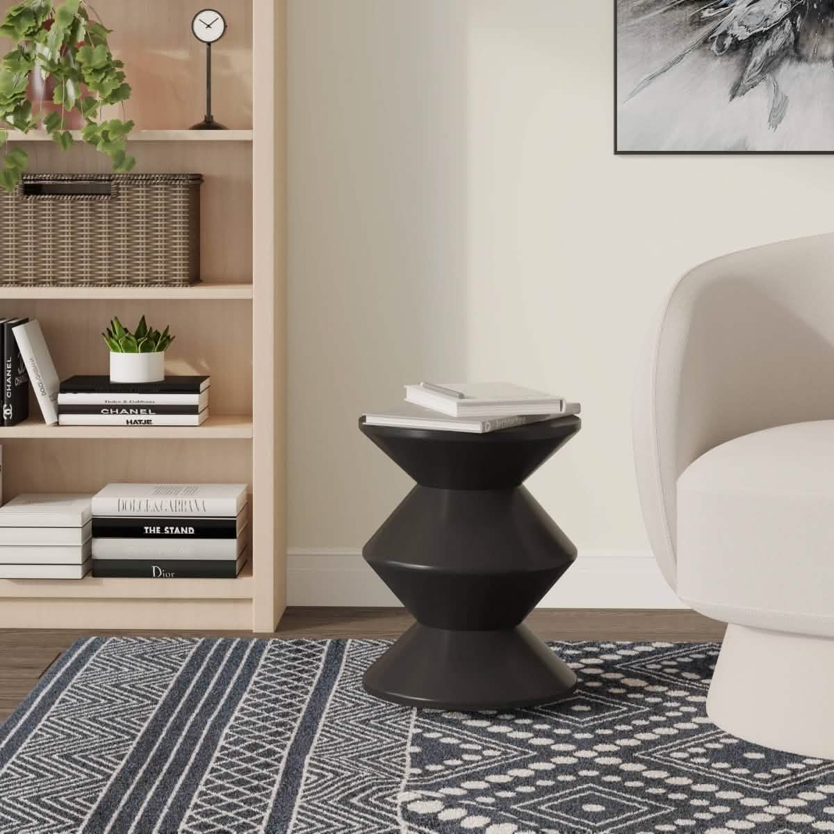 Aura Round Side Table in ABS Plastic With Contemporary Double-Hourglass Design Black Side Table Leisuremod