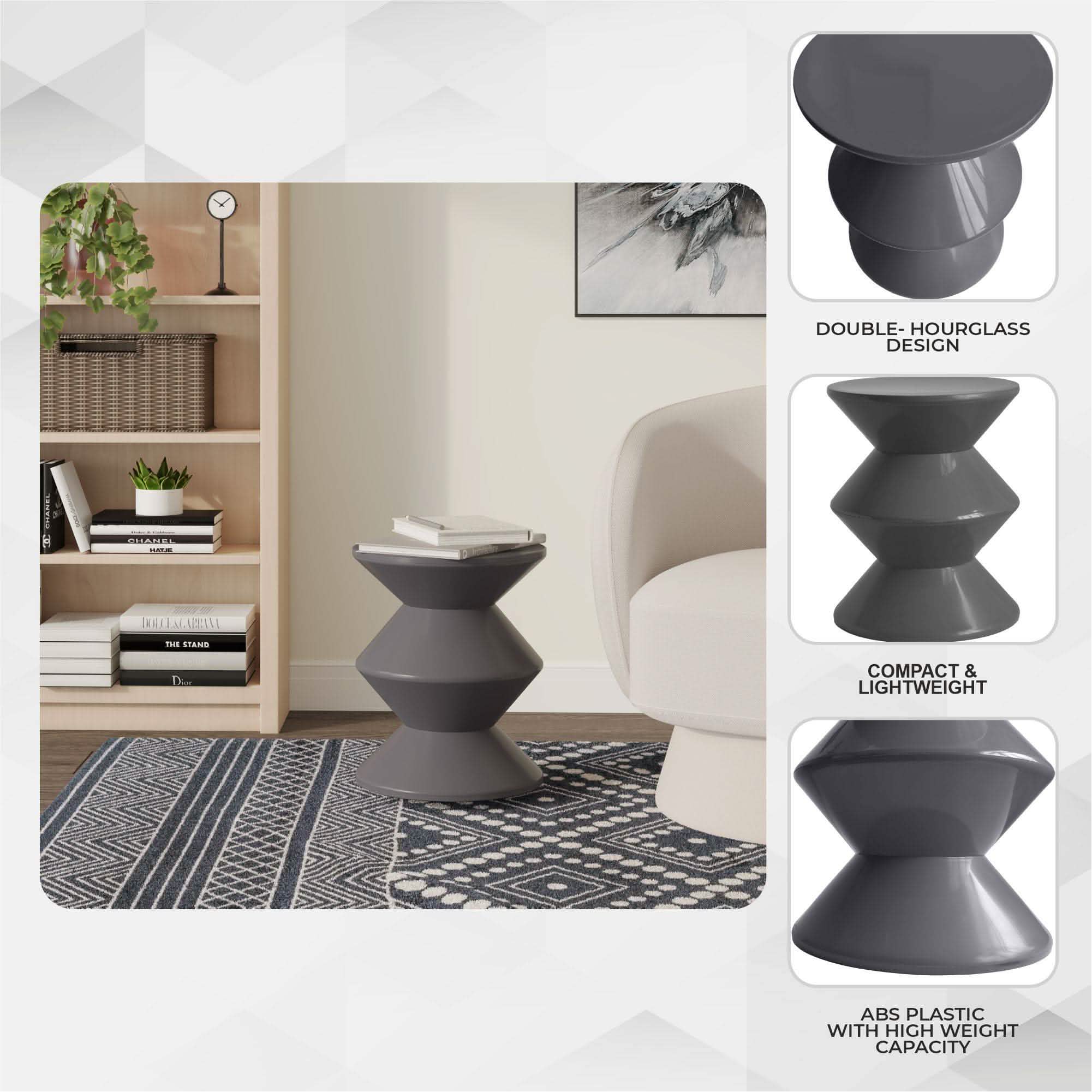Aura Round Side Table in ABS Plastic With Contemporary Double-Hourglass Design Grey Side Table Leisuremod