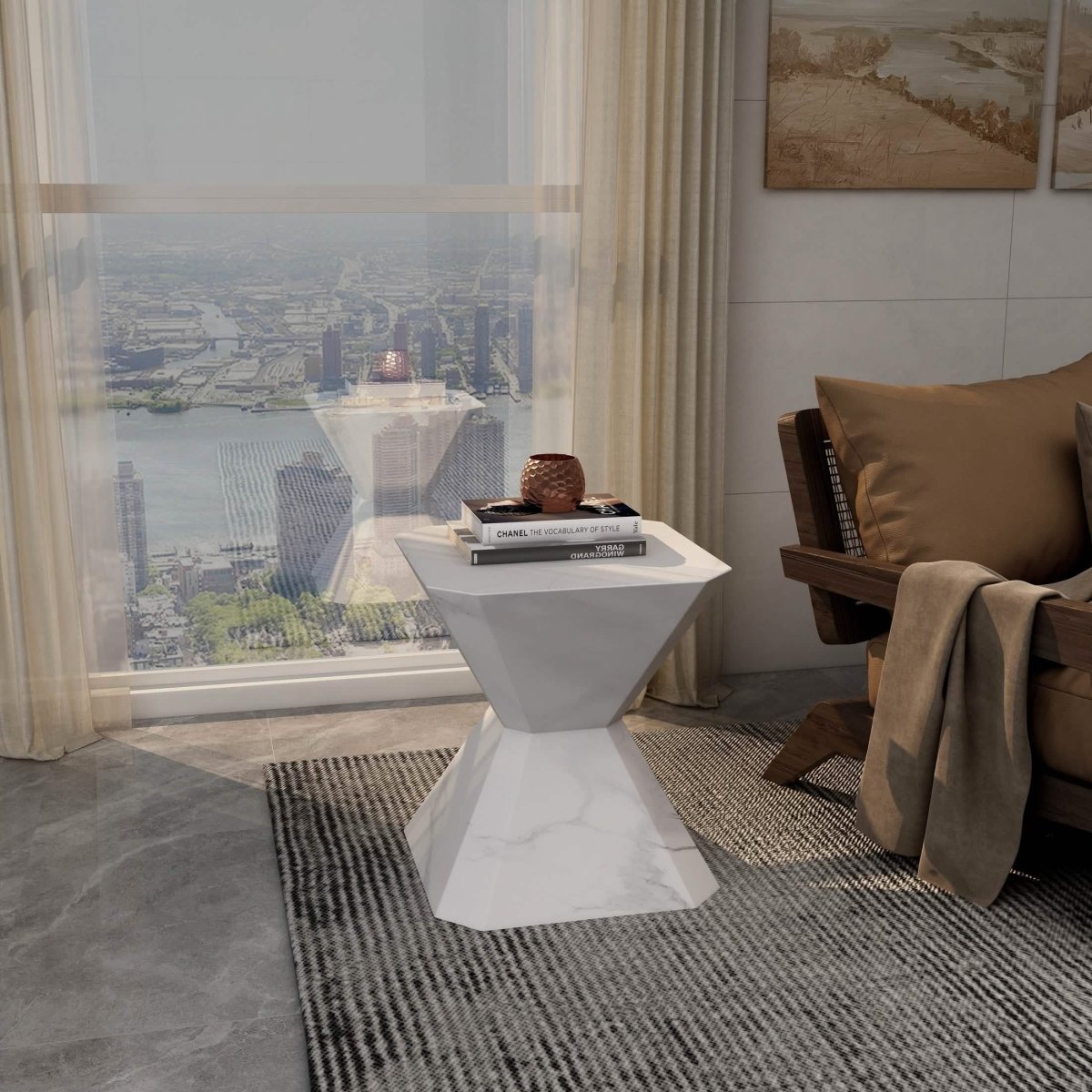 Azure Side Table Round Fiberstone Accent Table Marble White Side Table LeisureMod