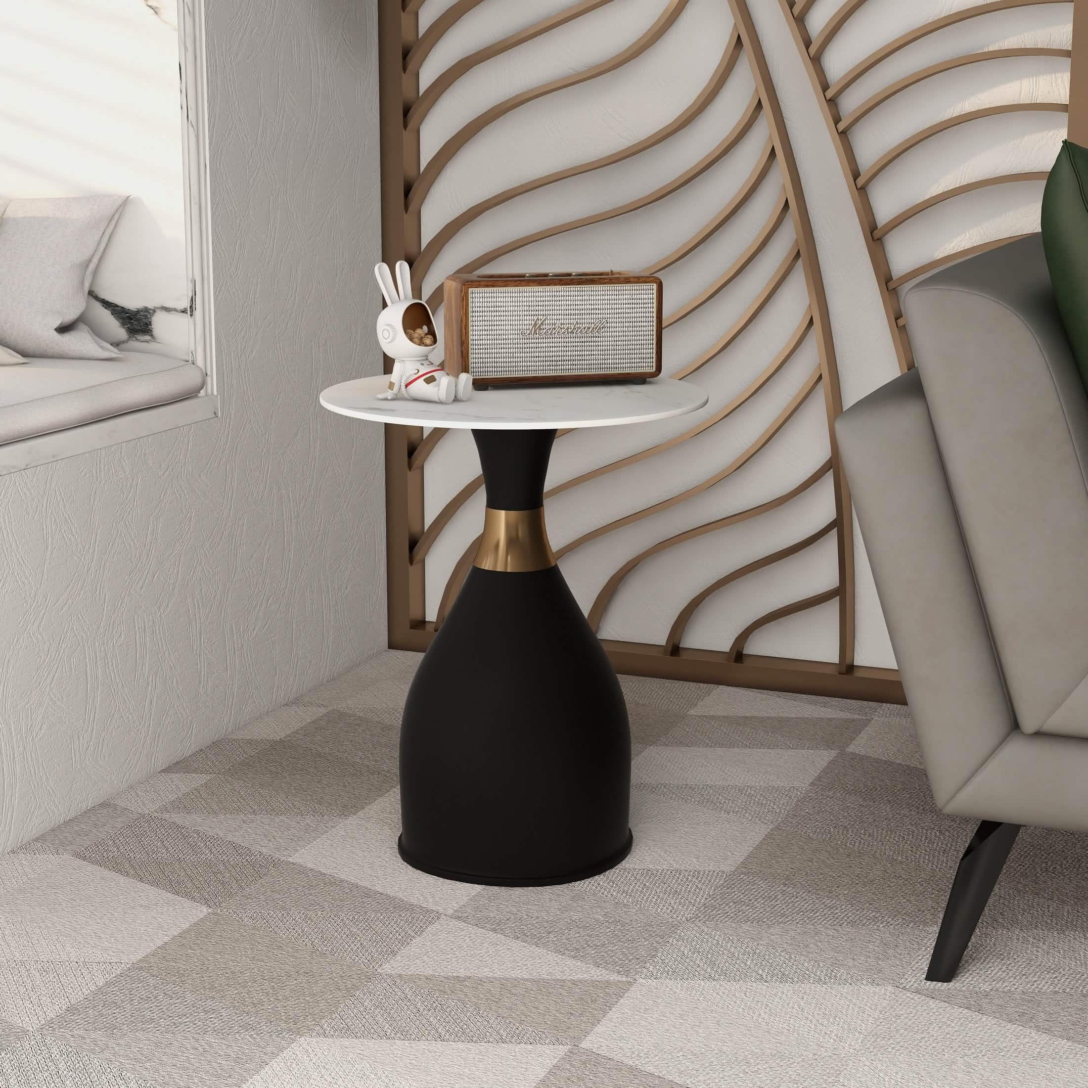 Bento Sintered Stone Top Side Table Round Accent Table Indoor Nightstand with Stainless Steel Black Side Table LeisureMod