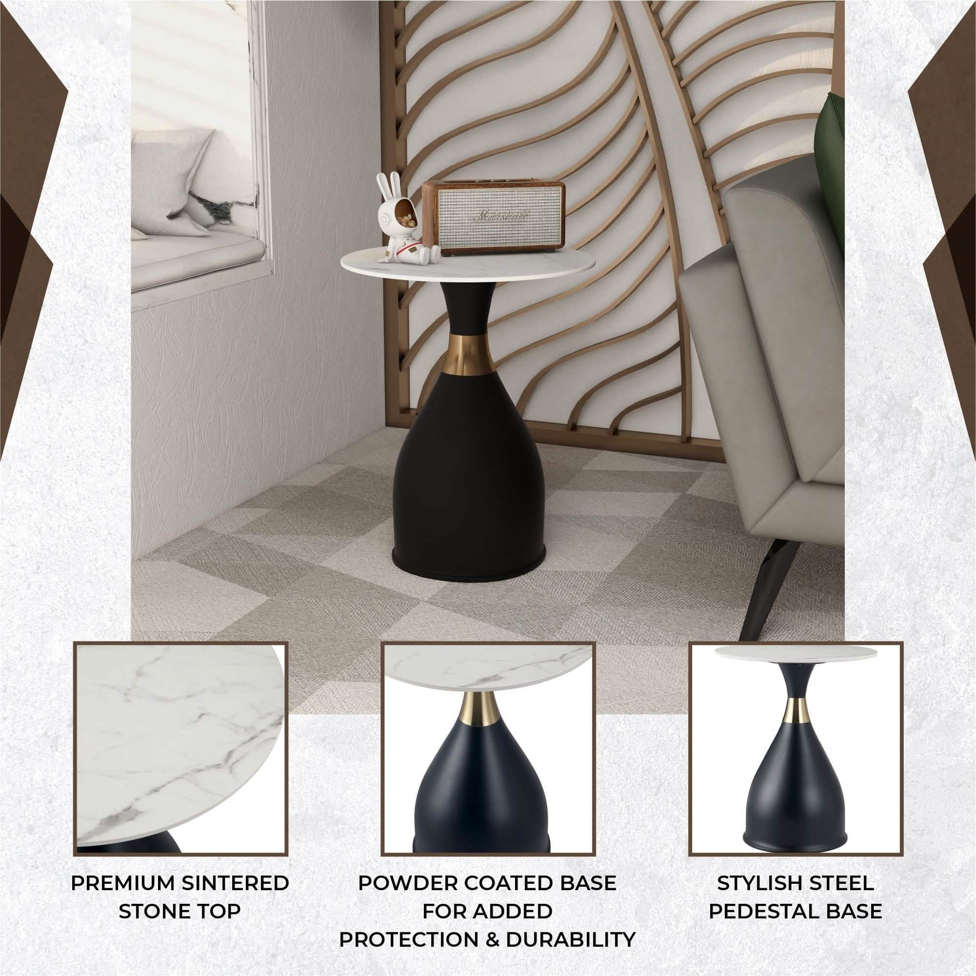 Bento Sintered Stone Top Side Table Round Accent Table Indoor Nightstand with Stainless Steel Black Side Table LeisureMod