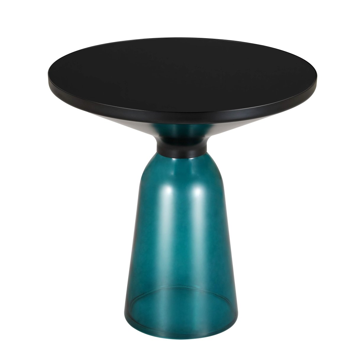 Tully 19-Inch Round Glass/Stone Side Table with Iron Rim Frame and Glass Base Black Glass Blue Black Side Table Leisuremod