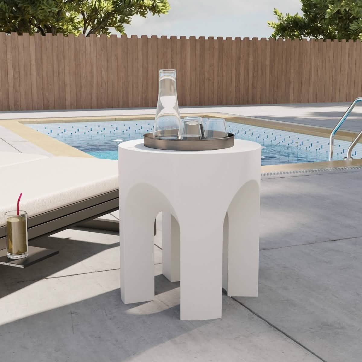 Crus Fiberstone Outdoor Side Table With Arched Base Design White Side Table Leisuremod
