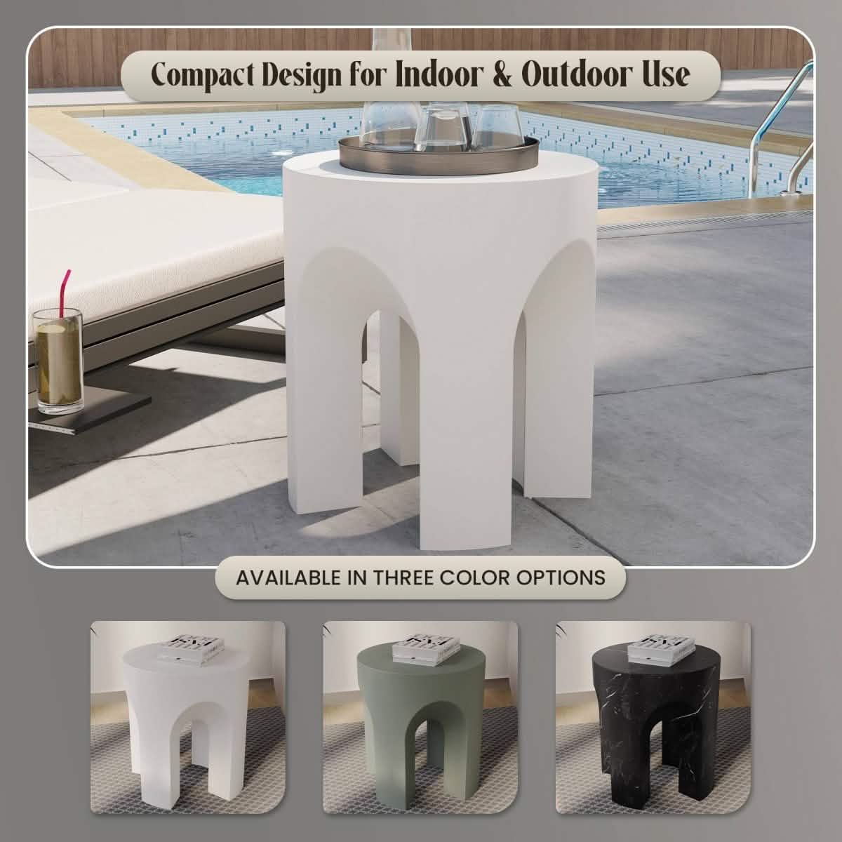 Crus Fiberstone Outdoor Side Table With Arched Base Design White Side Table Leisuremod