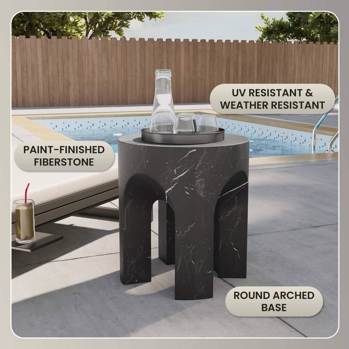 Crus Fiberstone Outdoor Side Table With Arched Base Design Marbleized Black Side Table Leisuremod