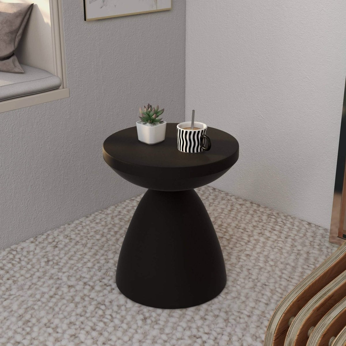 Dune Side Table Fiberstone Round Accent Table and Hourglass Pedestal Base Black Side Table LeisureMod