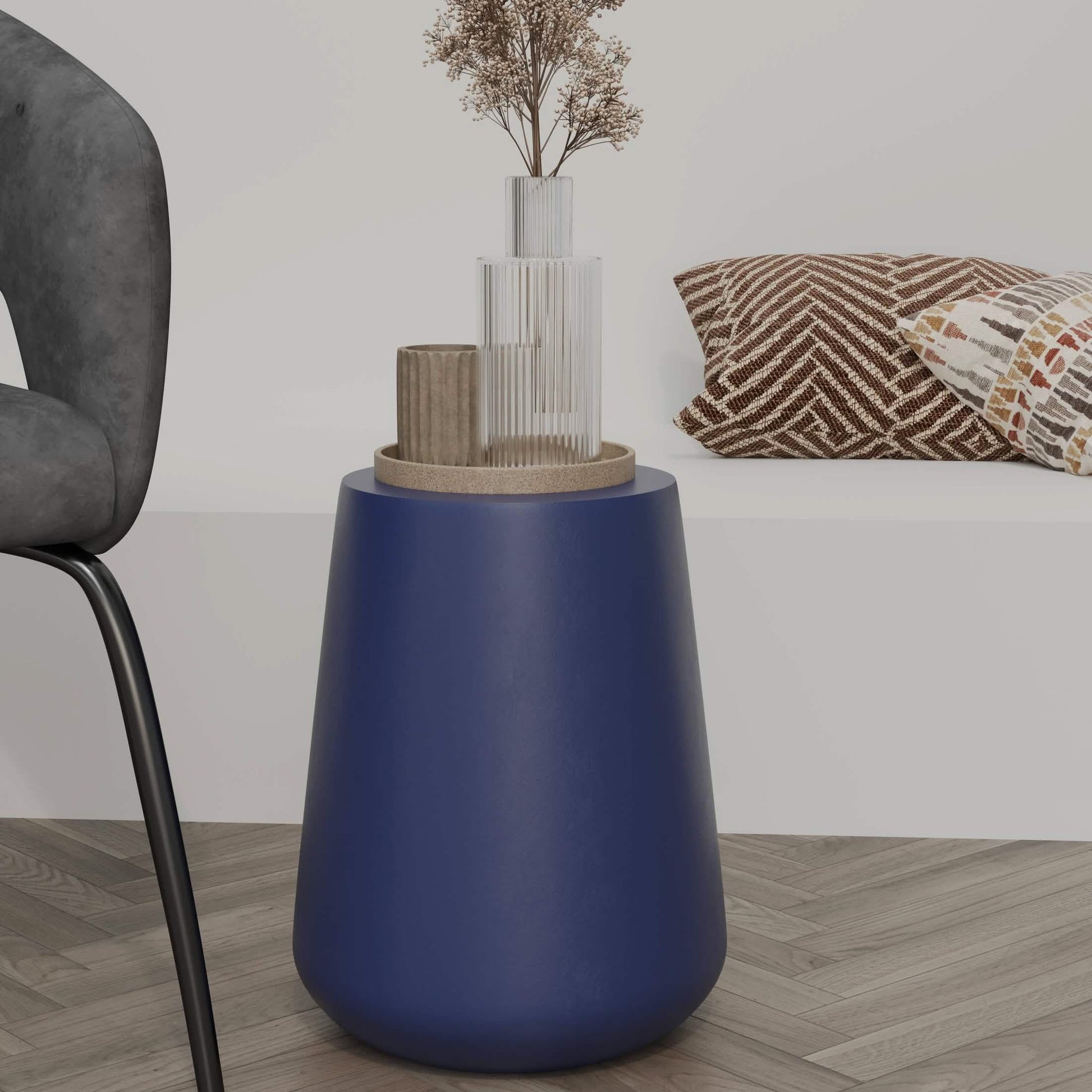 Glint 14" Wide Fiberstone Side Table in Tapered Base Design Saphire Blue Side Table Leisuremod