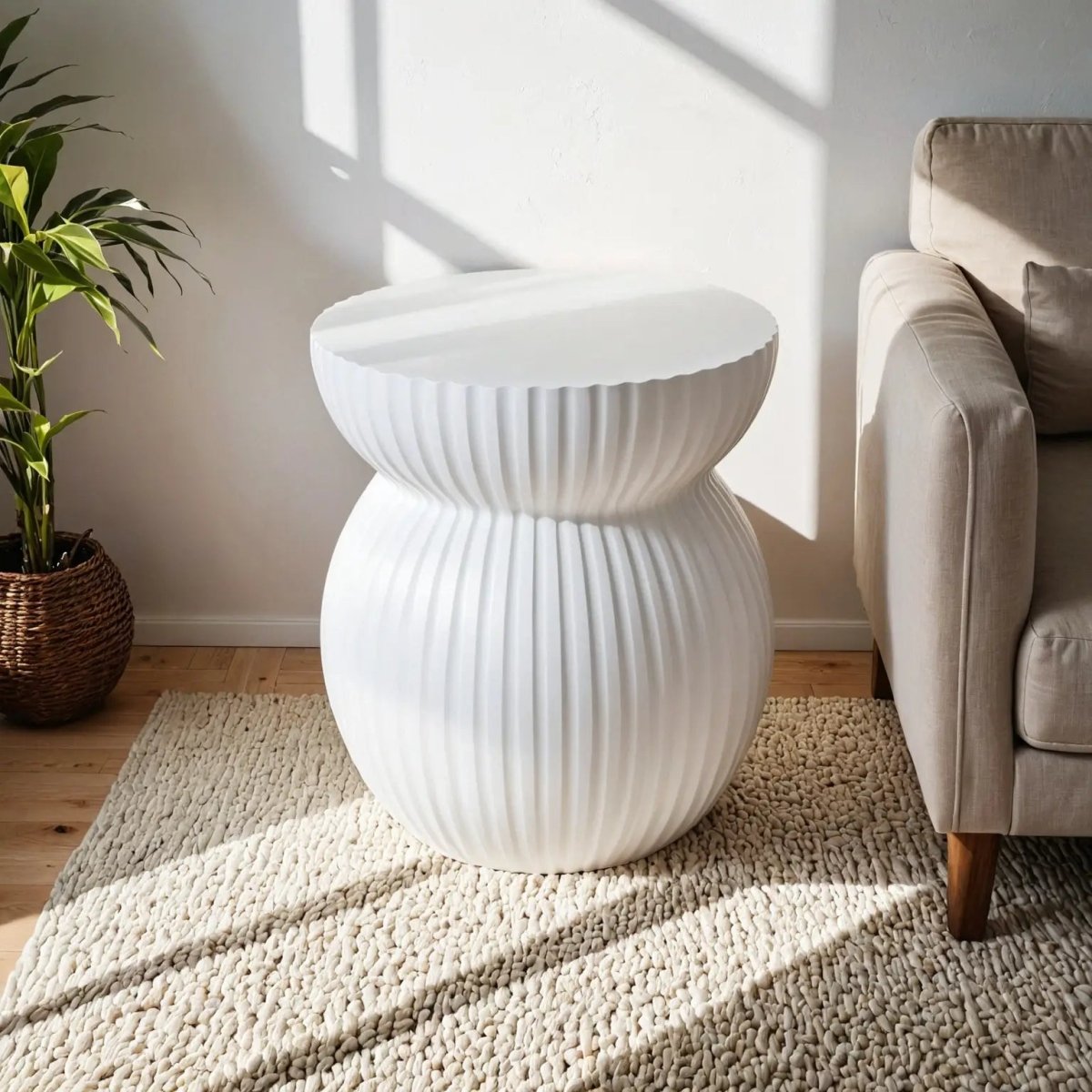 Leisuremod Side Table Mander Fiberstone Side Table with Ribbed Hourglass Design for Indoor and Outdoor