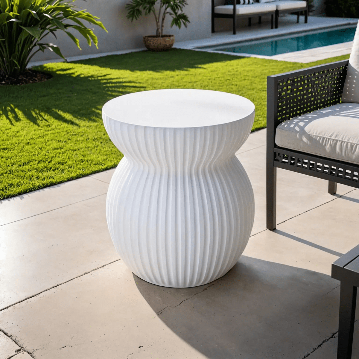 Leisuremod Side Table Mander Fiberstone Side Table with Ribbed Hourglass Design for Indoor and Outdoor