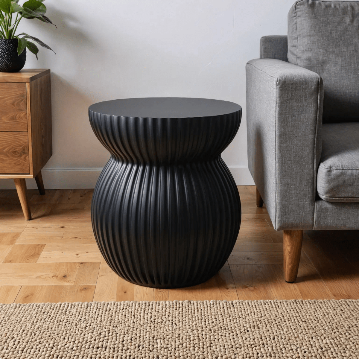 Leisuremod Side Table Mander Fiberstone Side Table with Ribbed Hourglass Design for Indoor and Outdoor