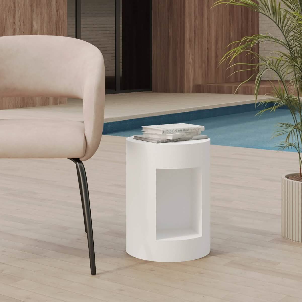 Nook 14" Wide Round Fiberstone Side Table With Open Storage Compartment White Side Table Leisuremod