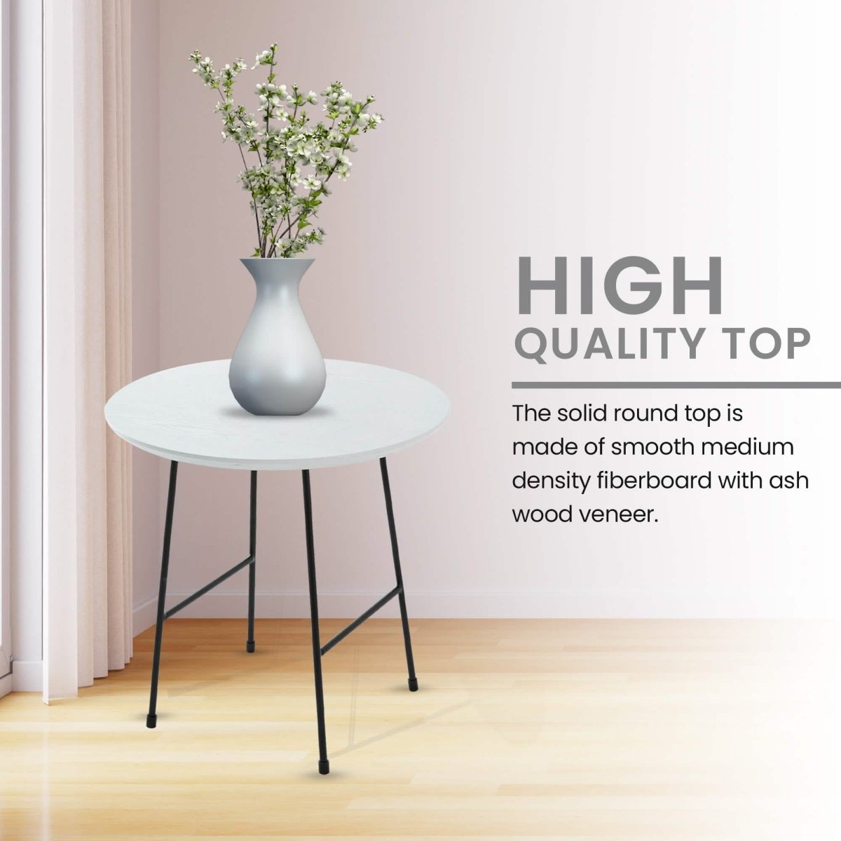 Rossmore Round Side Table with MDF Wood Tabletop in Black Steel Black Side Table Leisuremod