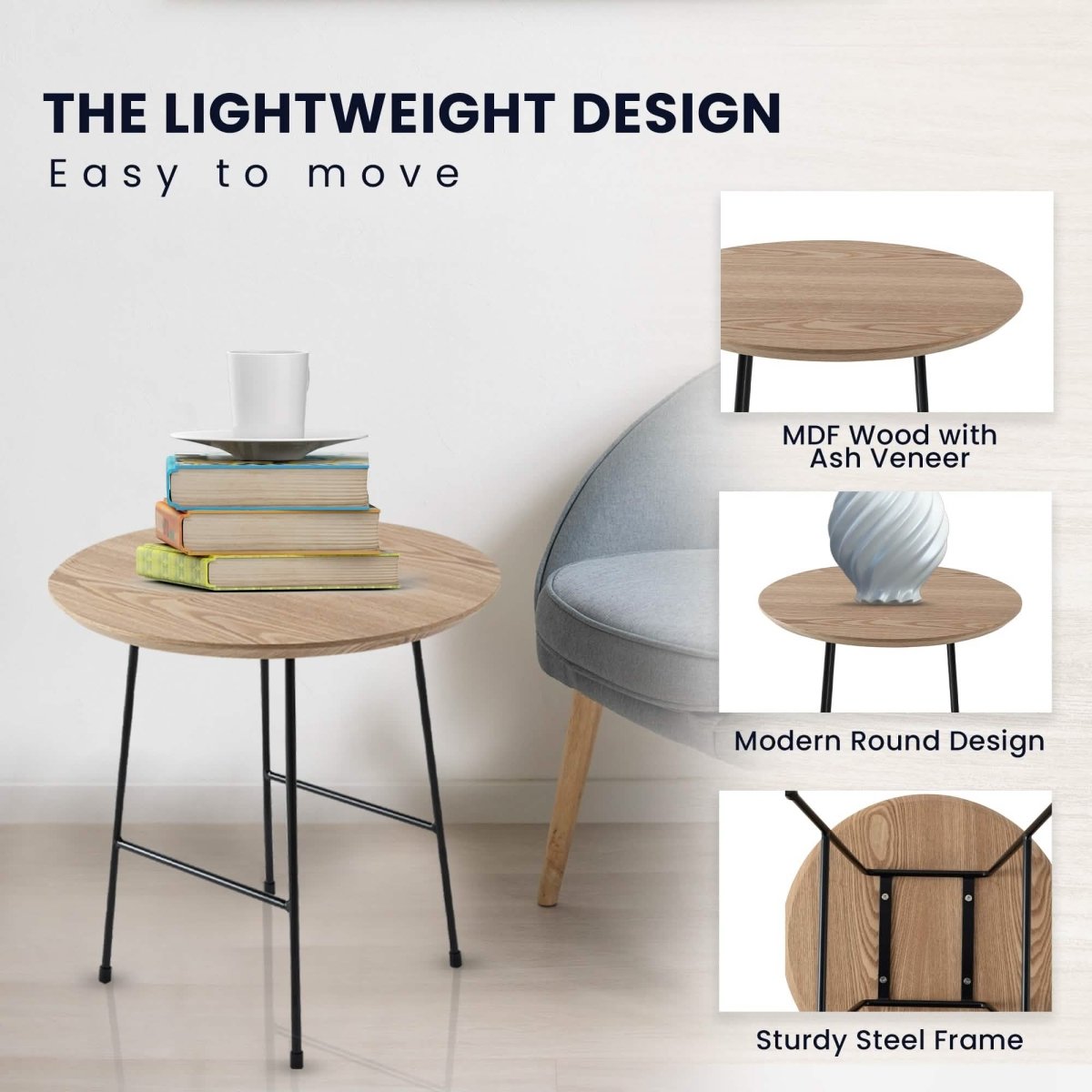 Rossmore Round Side Table with MDF Wood Tabletop in Black Steel Black Side Table Leisuremod