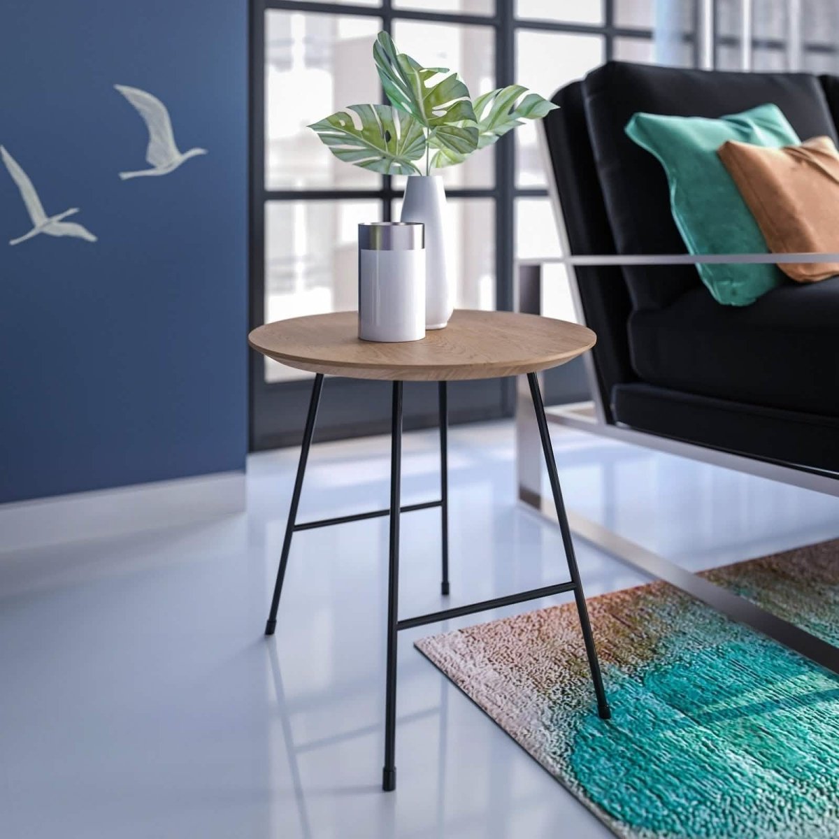 Rossmore Round Side Table with MDF Wood Tabletop in Black Steel Black Side Table Leisuremod