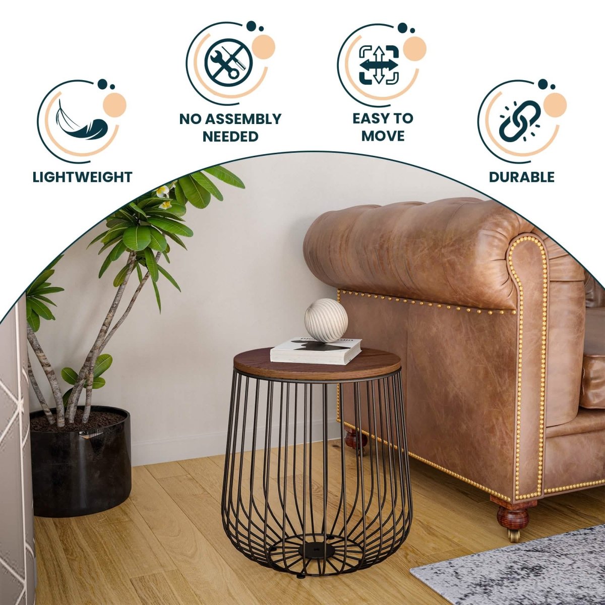 Runswick Round End Table Wood Tabletop With Steel Drum Base for Storage Natural Wood Side Table Leisuremod