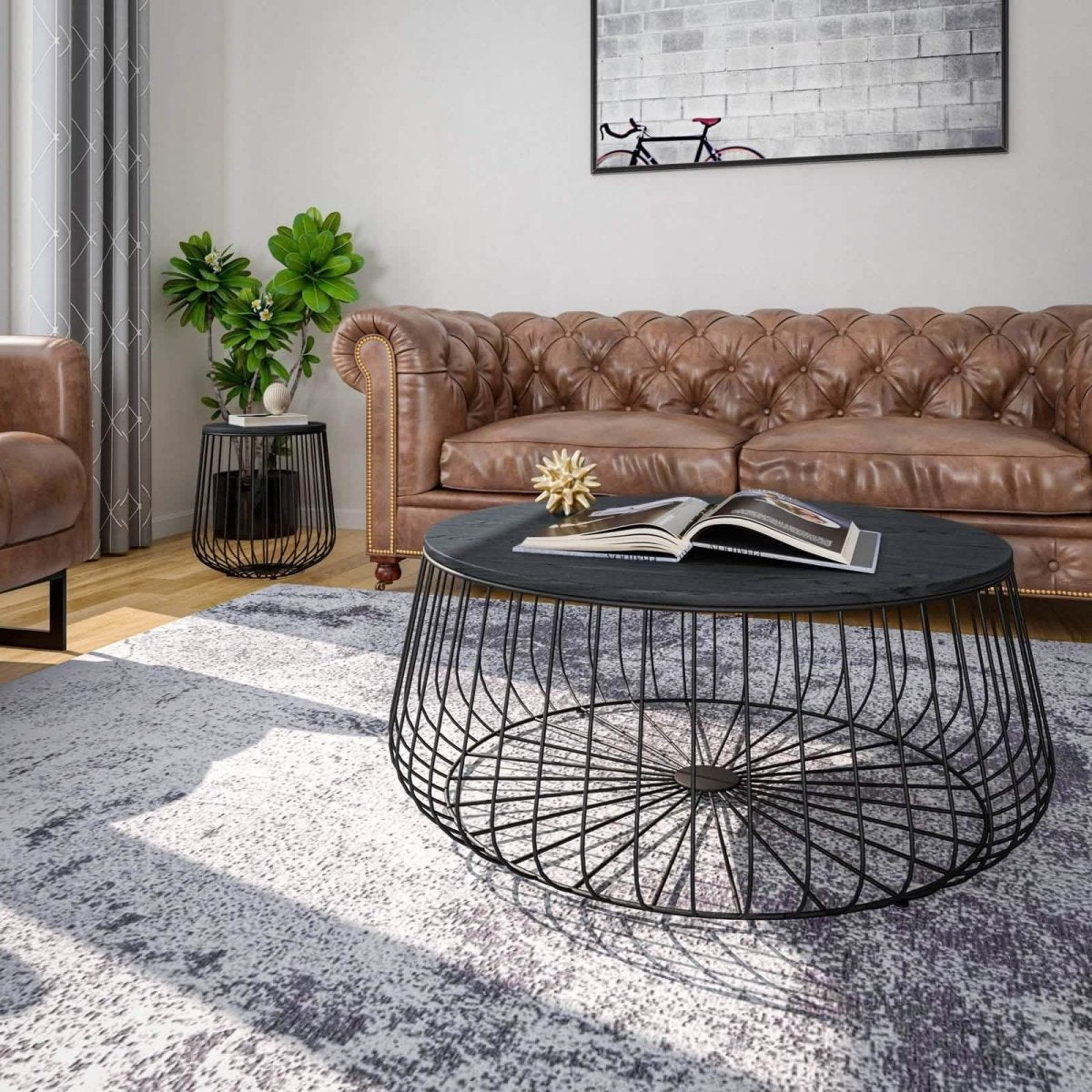 Runswick Round End Table Wood Tabletop With Steel Drum Base for Storage Black Side Table Leisuremod