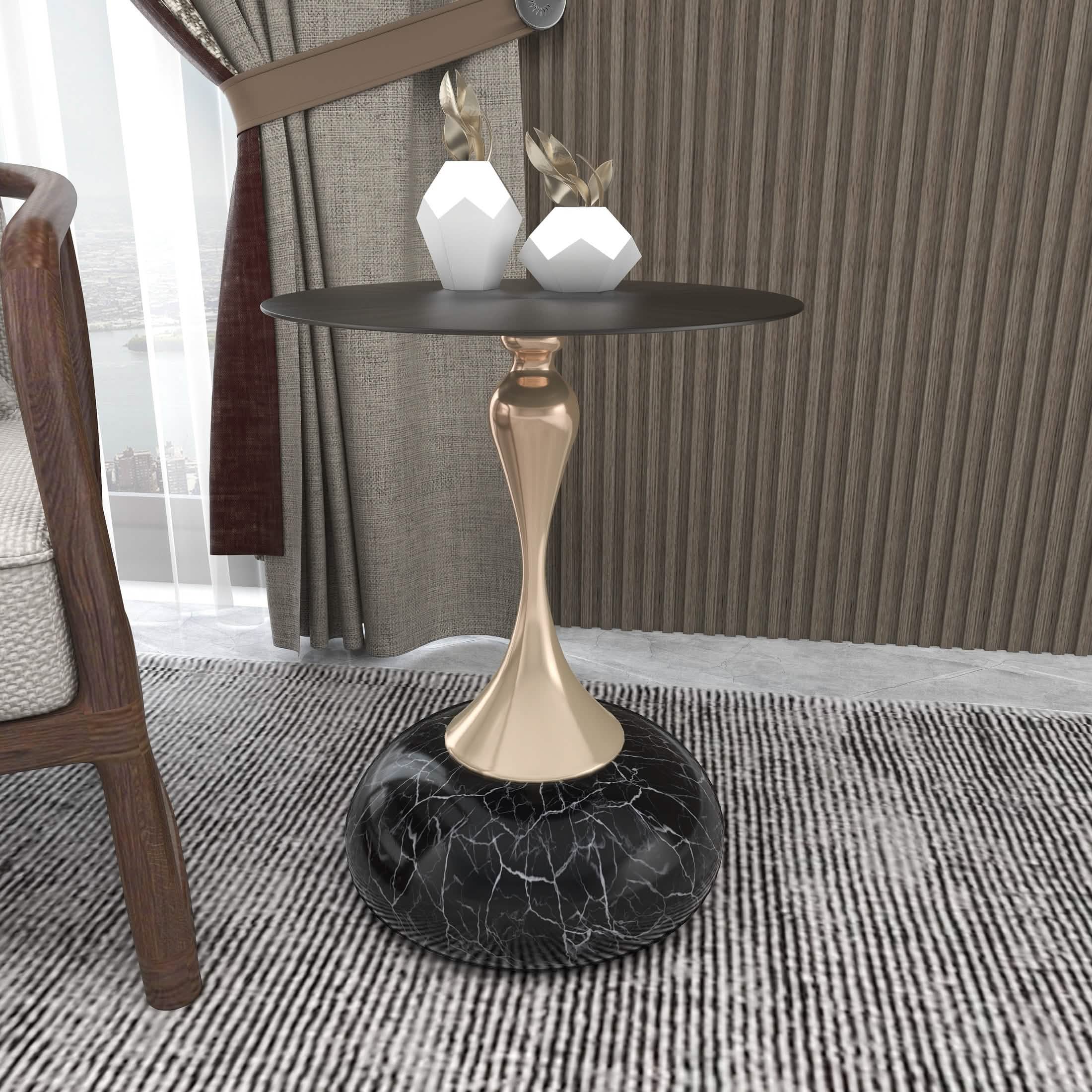 Savoy Wide Side Table with Stainless Steel Top Round Accent Table and Elegant Pedestal Base Black Matte Black Side Table LeisureMod