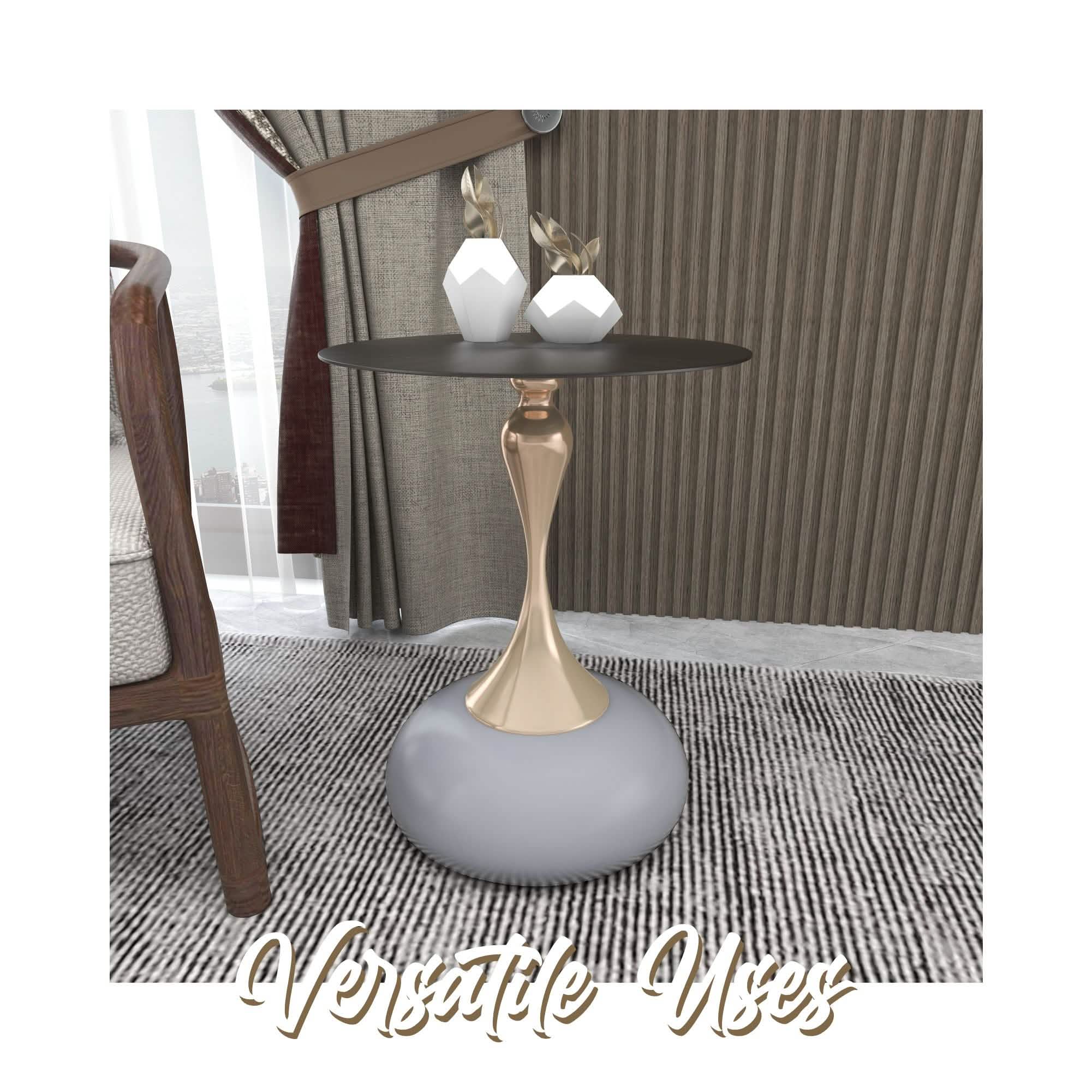 Savoy Wide Side Table with Stainless Steel Top Round Accent Table and Elegant Pedestal Base Black Stone Black Side Table LeisureMod