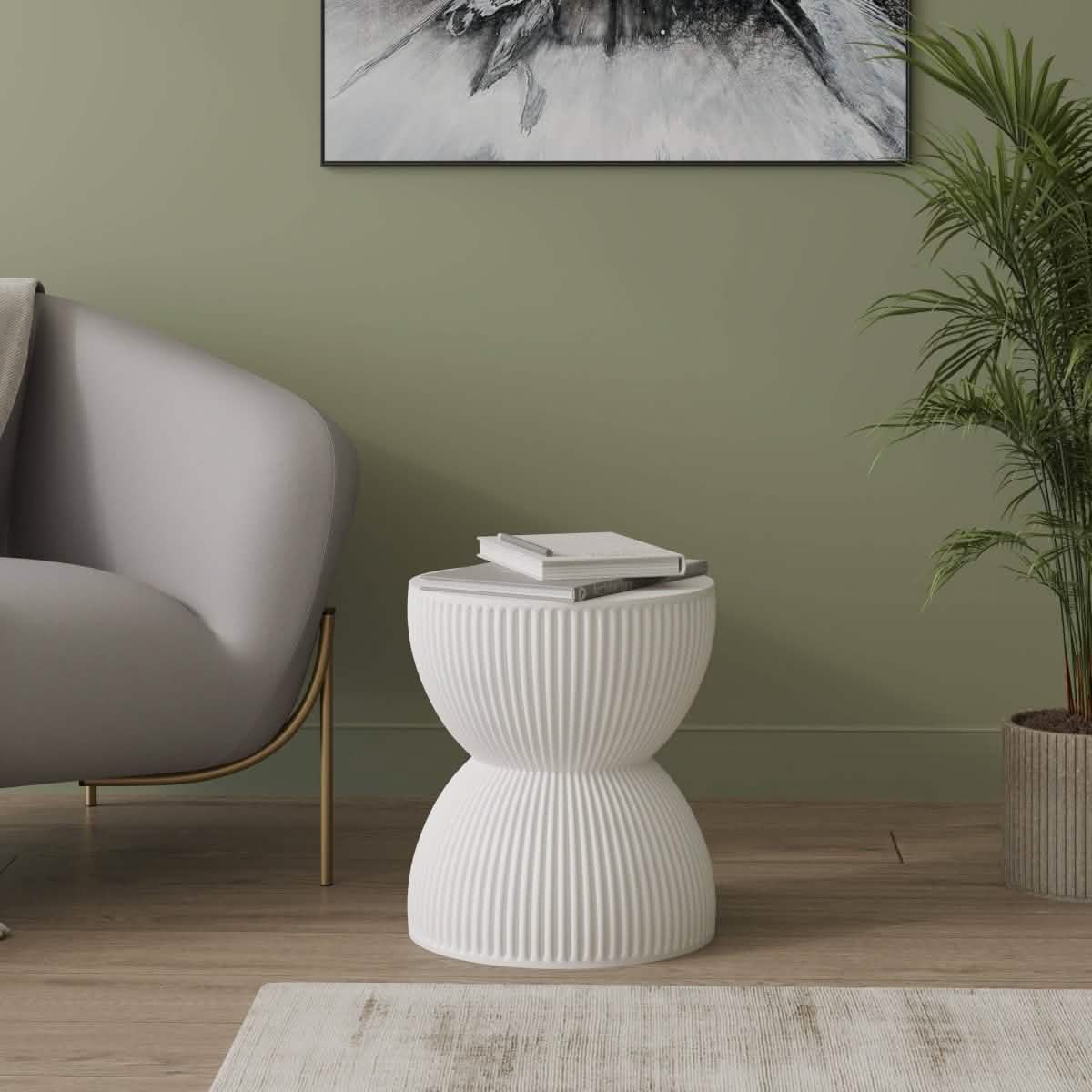Spire 15" Wide Round Side Fiberstone Table With Hourglass Design White Side Table Leisuremod