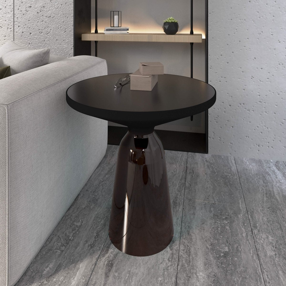 Tully 19-Inch Round Glass/Stone Side Table with Iron Rim Frame and Glass Base Black Glass Grey Black Side Table Leisuremod